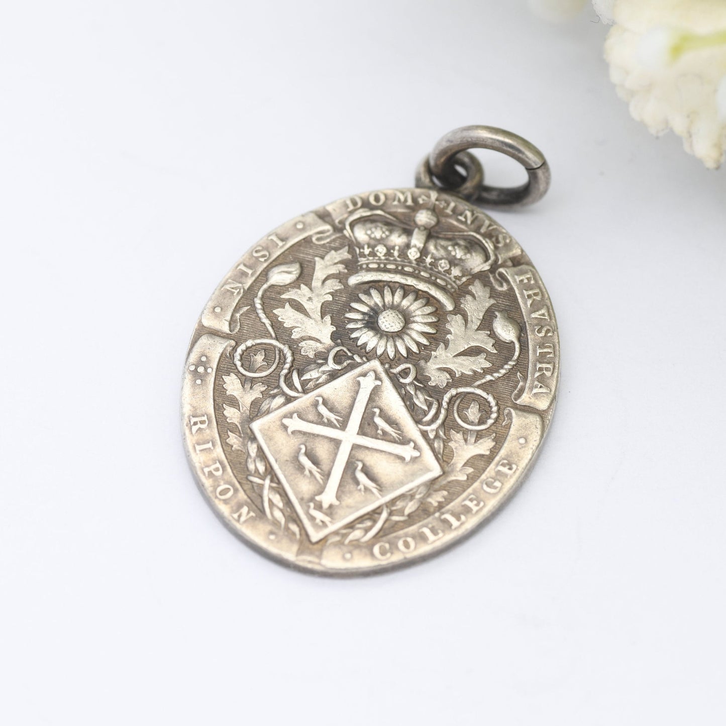 Antique Sterling Silver Ripon College Medal Pendant - Ornate Watch Fob | Latin Inscription | Old School Motto