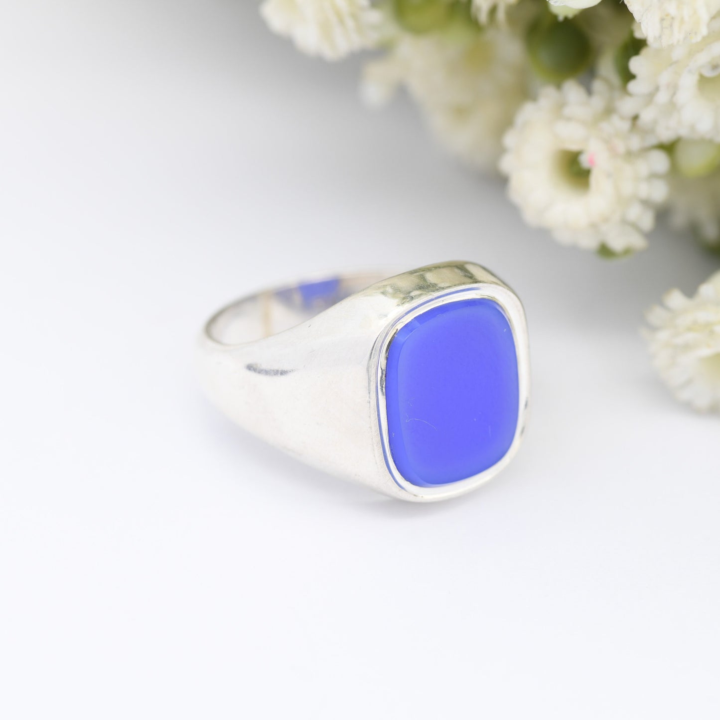 Vintage Sterling Silver Chalcedony Signet Ring - Mid-Century Blue Gemstone | Chunky Unisex | UK Size - P | US Size - 7 1/2