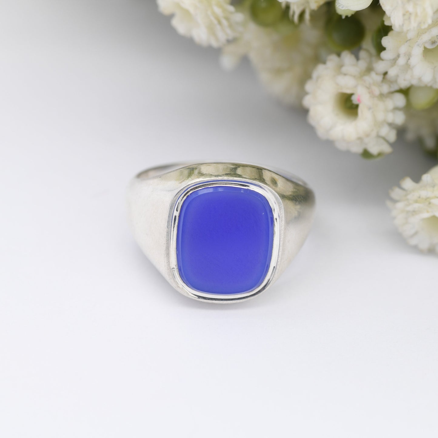 Vintage Sterling Silver Chalcedony Signet Ring - Mid-Century Blue Gemstone | Chunky Unisex | UK Size - P | US Size - 7 1/2
