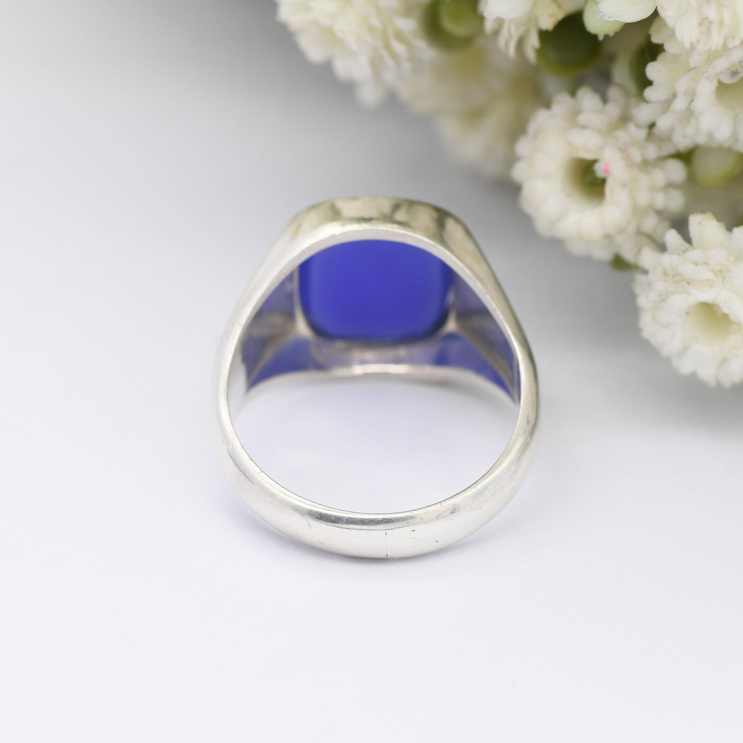 Vintage Sterling Silver Chalcedony Signet Ring - Mid-Century Blue Gemstone | Chunky Unisex | UK Size - P | US Size - 7 1/2