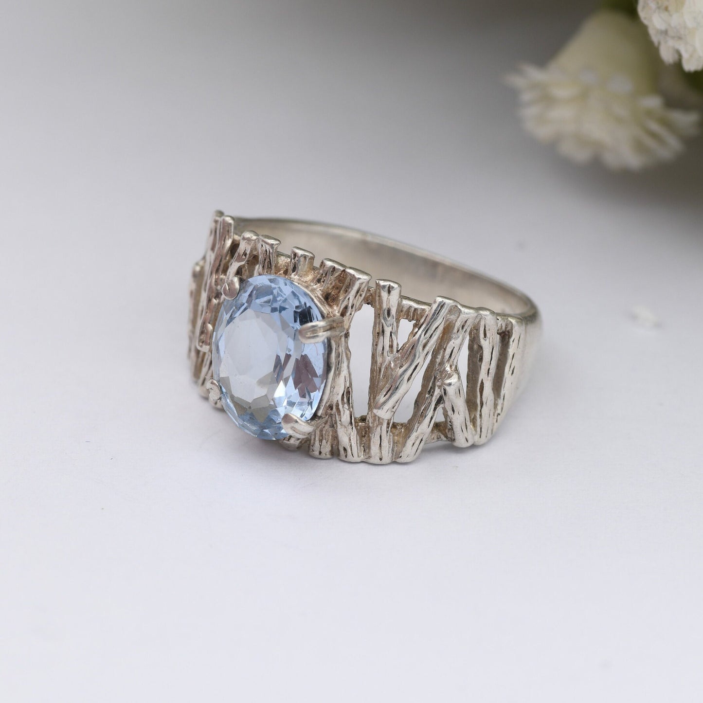 Vintage Sterling Silver Blue Stone Ring - Mid-Century Textured Bark Effect | UK Size - J 1/2 | US Size - 5