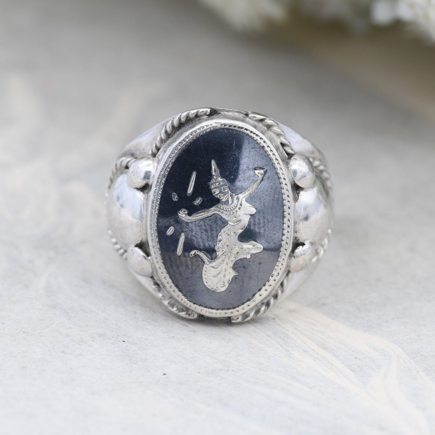 Vintage Silver Niello Siam Sterling Ring - Mekhala Thailand Goddess Jewellery | Adjustable Band | UK Size - R | US Size - 8 1/2