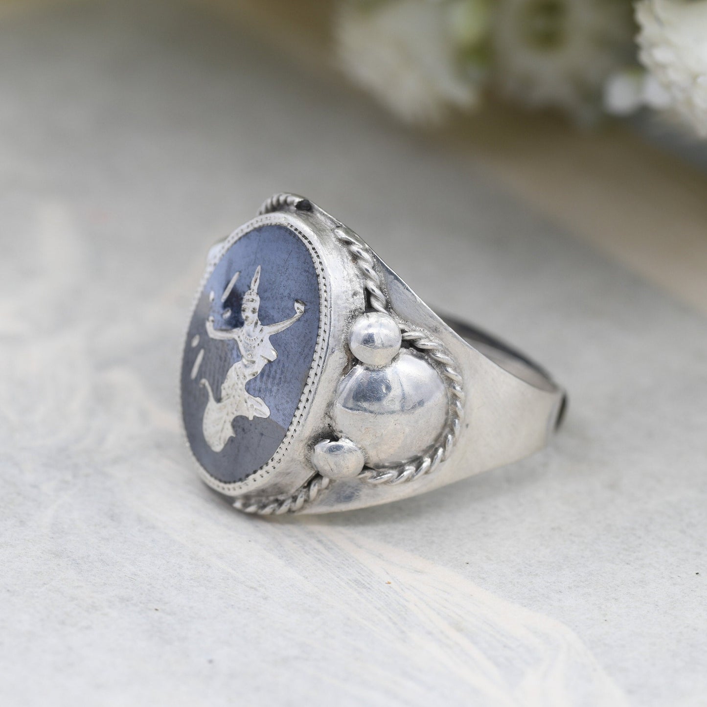 Vintage Silver Niello Siam Sterling Ring - Mekhala Thailand Goddess Jewellery | Adjustable Band | UK Size - R | US Size - 8 1/2