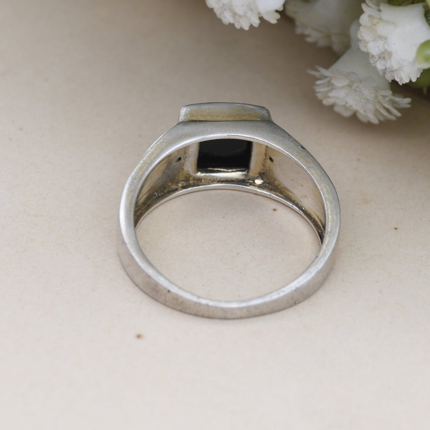 Vintage Sterling Silver Onyx & Black Diamond Signet Ring - Chunky Large Unisex Jewellery | UK Size - T | US Size - 9 1/2