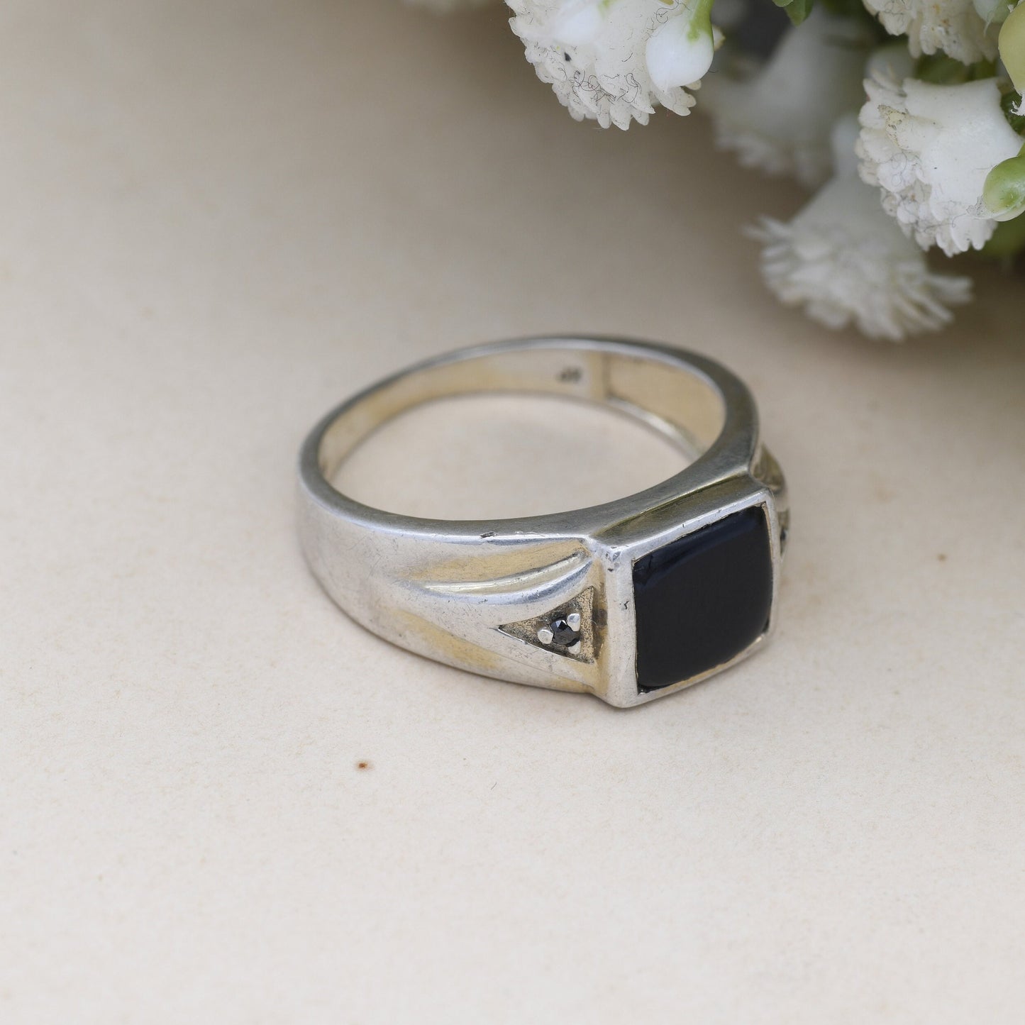 Vintage Sterling Silver Onyx & Black Diamond Signet Ring - Chunky Large Unisex Jewellery | UK Size - T | US Size - 9 1/2