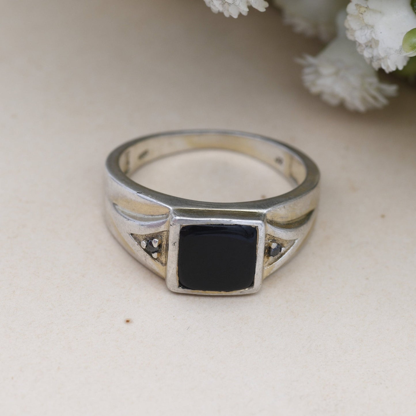 Vintage Sterling Silver Onyx & Black Diamond Signet Ring - Chunky Large Unisex Jewellery | UK Size - T | US Size - 9 1/2