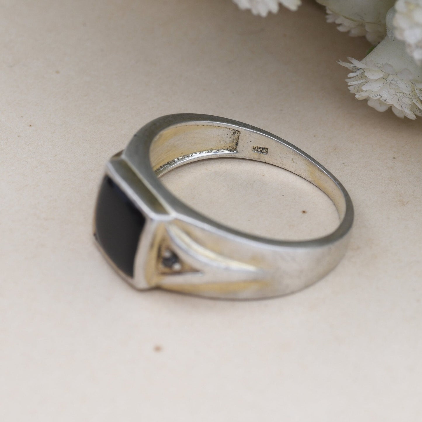 Vintage Sterling Silver Onyx & Black Diamond Signet Ring - Chunky Large Unisex Jewellery | UK Size - T | US Size - 9 1/2