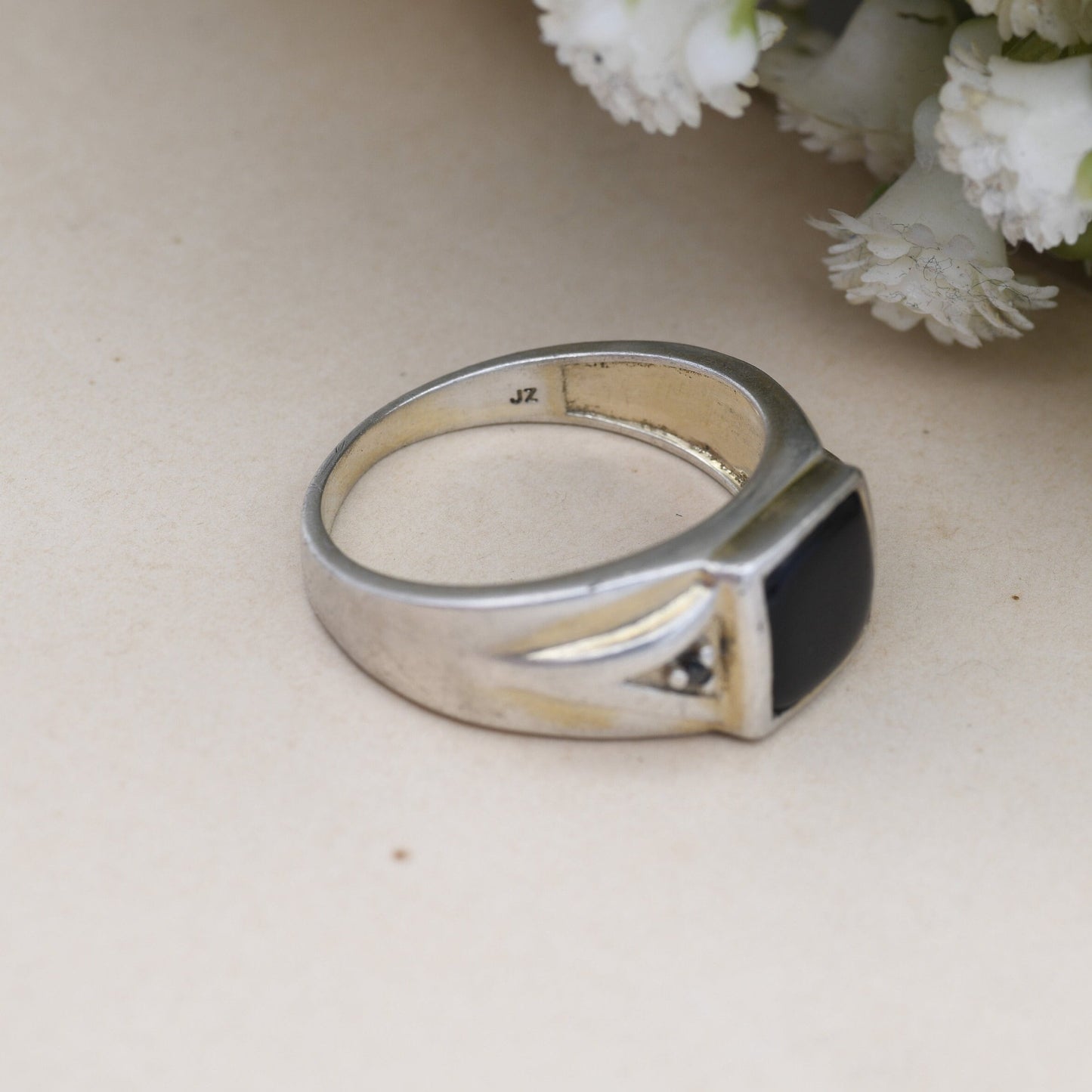 Vintage Sterling Silver Onyx & Black Diamond Signet Ring - Chunky Large Unisex Jewellery | UK Size - T | US Size - 9 1/2