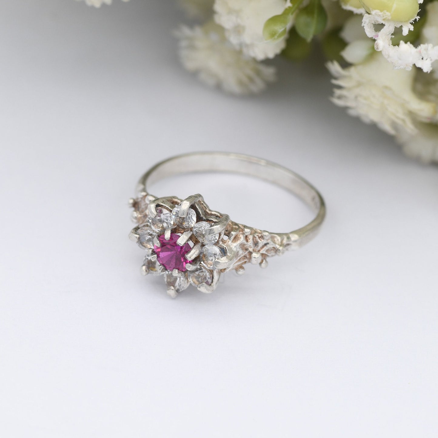 Vintage Sterling Silver Ruby Cluster Flower Ring - Statement Cocktail Ring with CZ | UK Size - M | US Size - 6 1/4