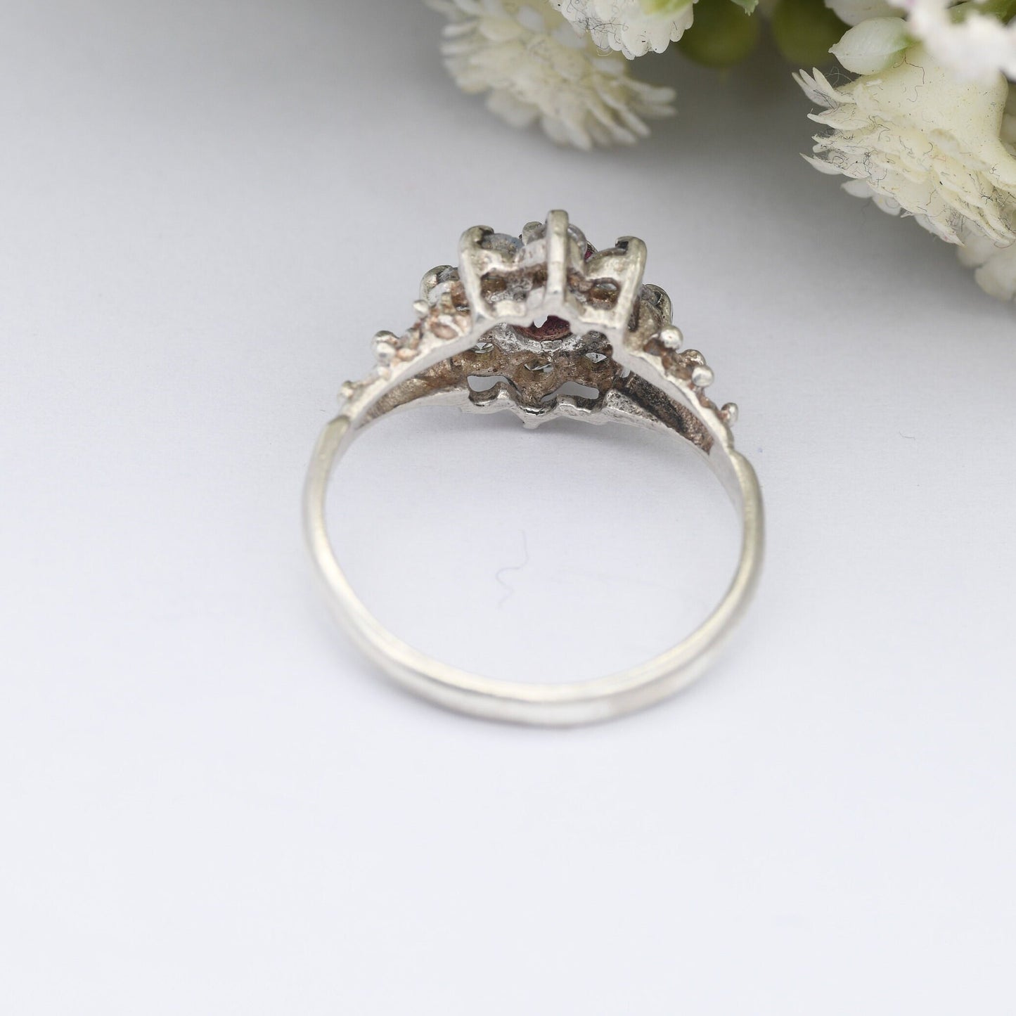 Vintage Sterling Silver Ruby Cluster Flower Ring - Statement Cocktail Ring with CZ | UK Size - M | US Size - 6 1/4