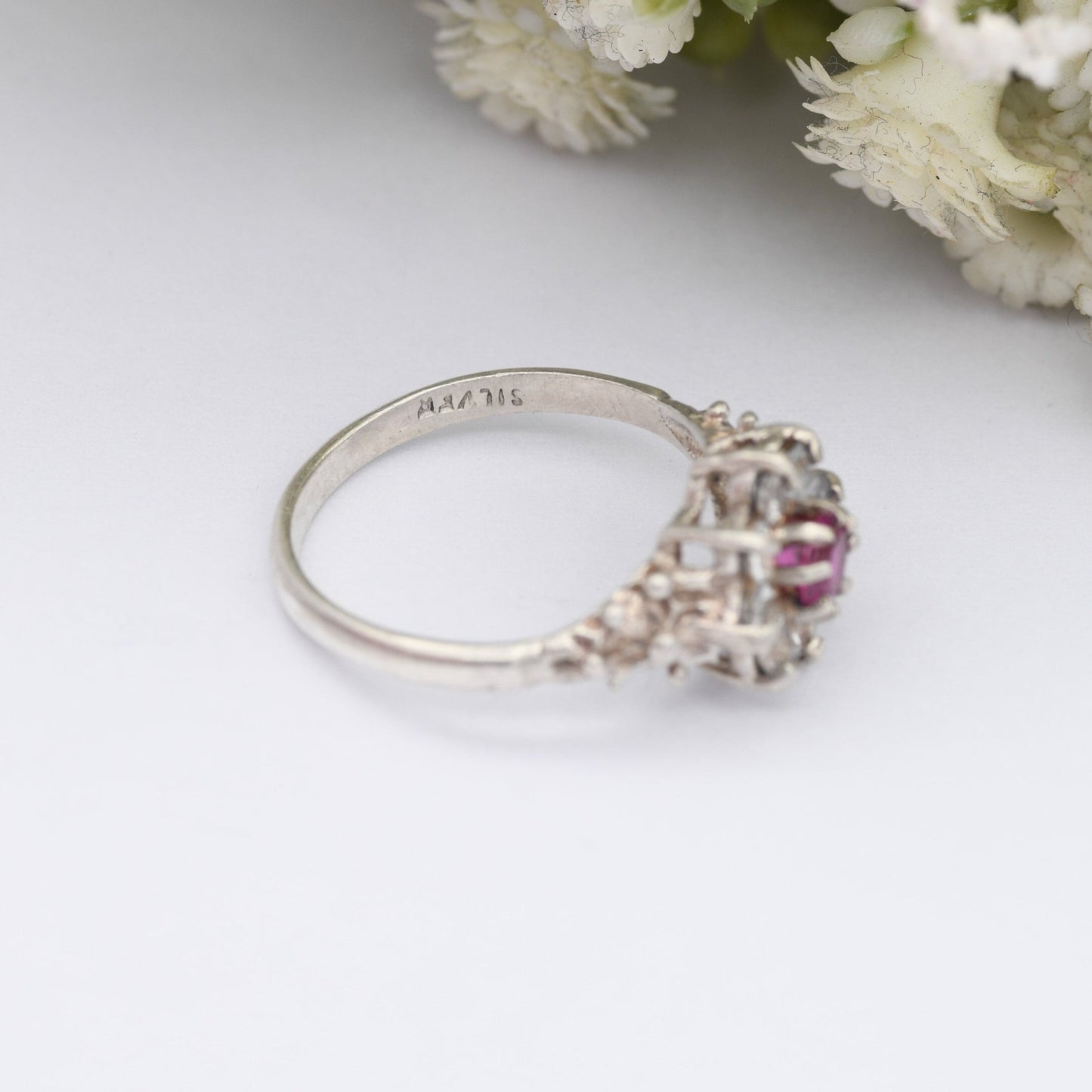 Vintage Sterling Silver Ruby Cluster Flower Ring - Statement Cocktail Ring with CZ | UK Size - M | US Size - 6 1/4