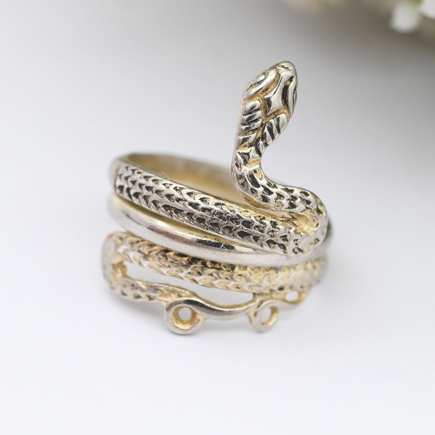 Vintage Sterling Silver Wrap Around Snake Ring - Detailed Animal Jewellery | Nature Lover Gift | UK Size - N 1/2 | US Size - 7