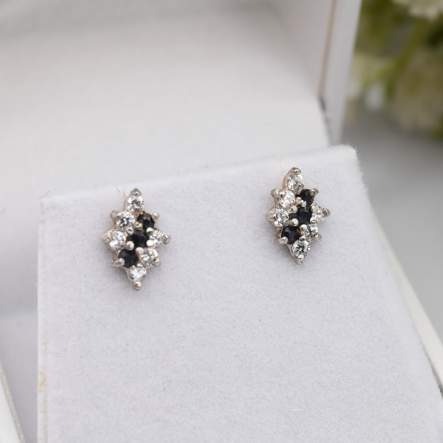 Vintage 9ct Gold Sapphire and CZ Stud Earrings - Diamond Shape | Butterfly Backs