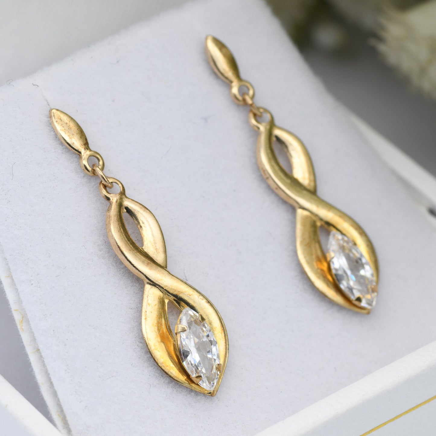 Vintage 9ct Gold Twisted Drop Earrings with Marquis Cut CZ Clear Stone