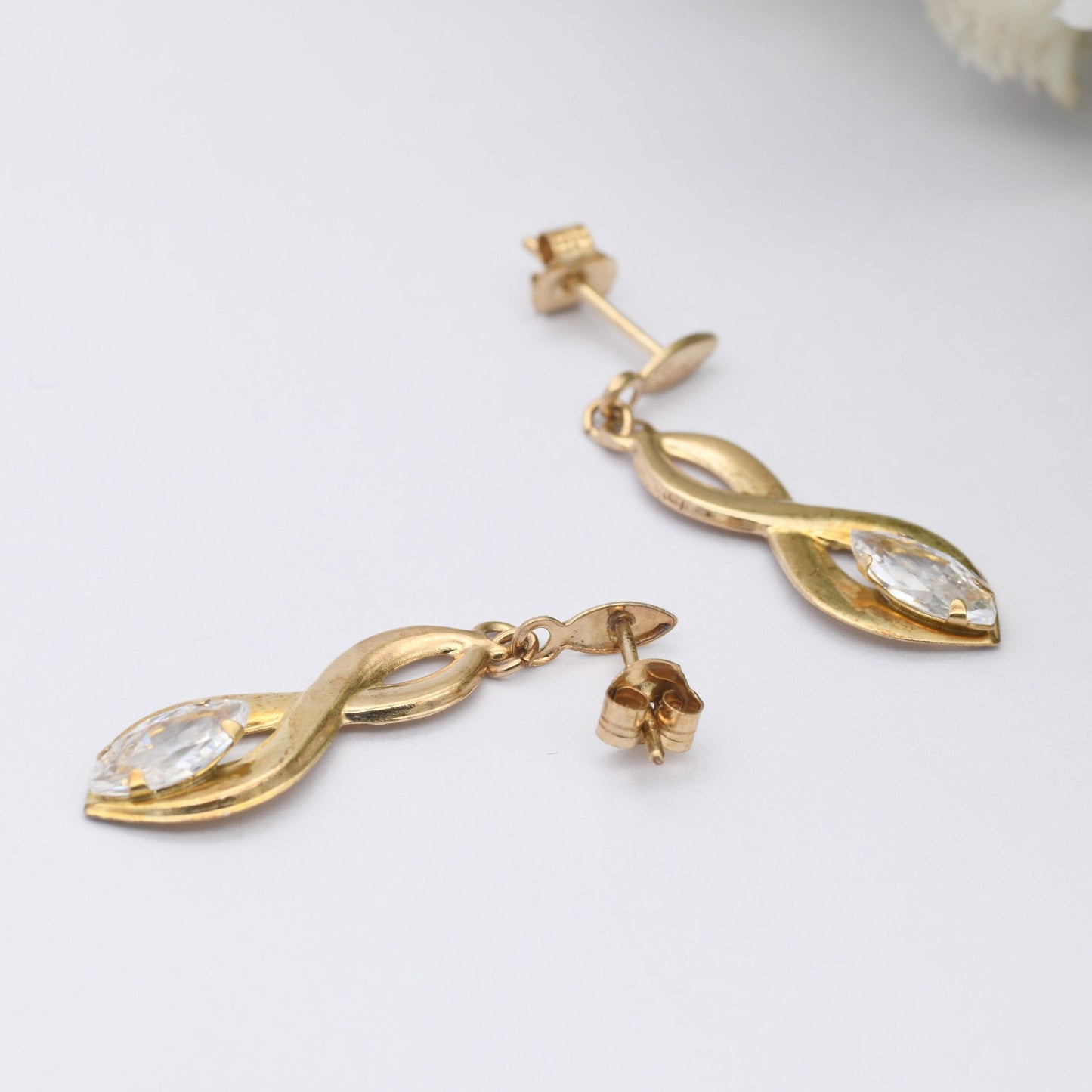 Vintage 9ct Gold Twisted Drop Earrings with Marquis Cut CZ Clear Stone