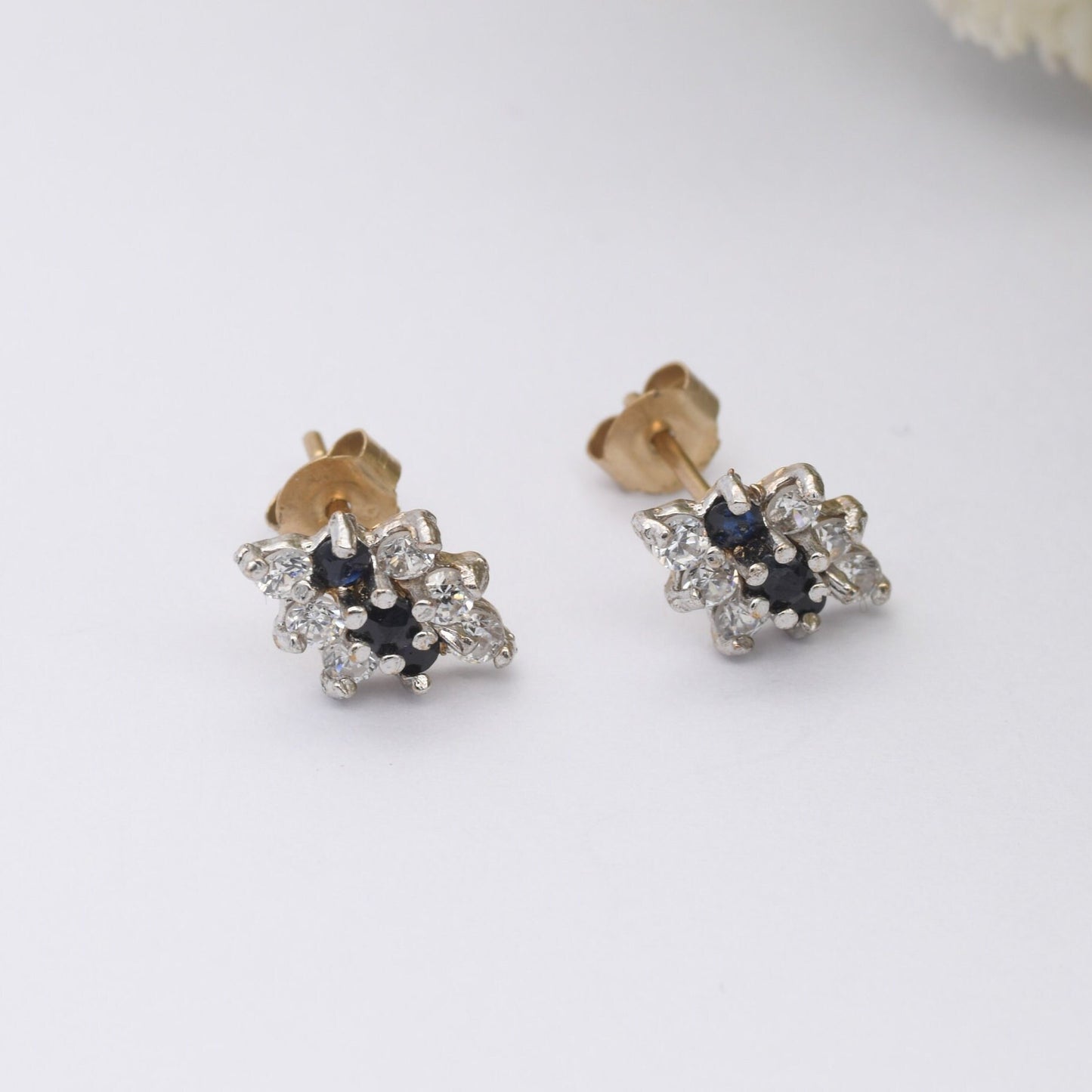 Vintage 9ct Gold Sapphire and CZ Stud Earrings - Diamond Shape | Butterfly Backs