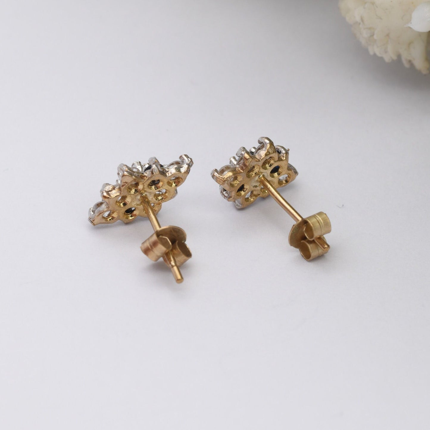 Vintage 9ct Gold Sapphire and CZ Stud Earrings - Diamond Shape | Butterfly Backs