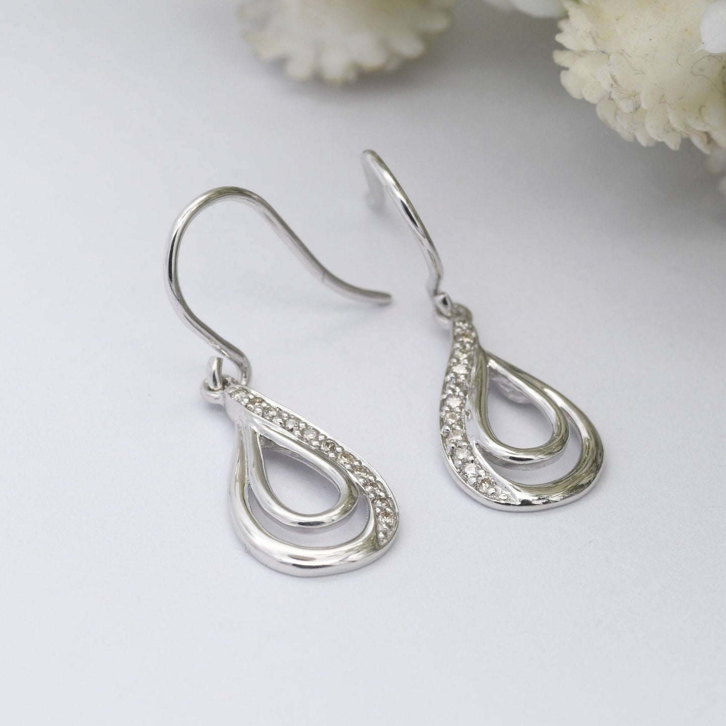 Vintage 9ct White Gold Diamond Drop Earrings - Pave Set Teardrops