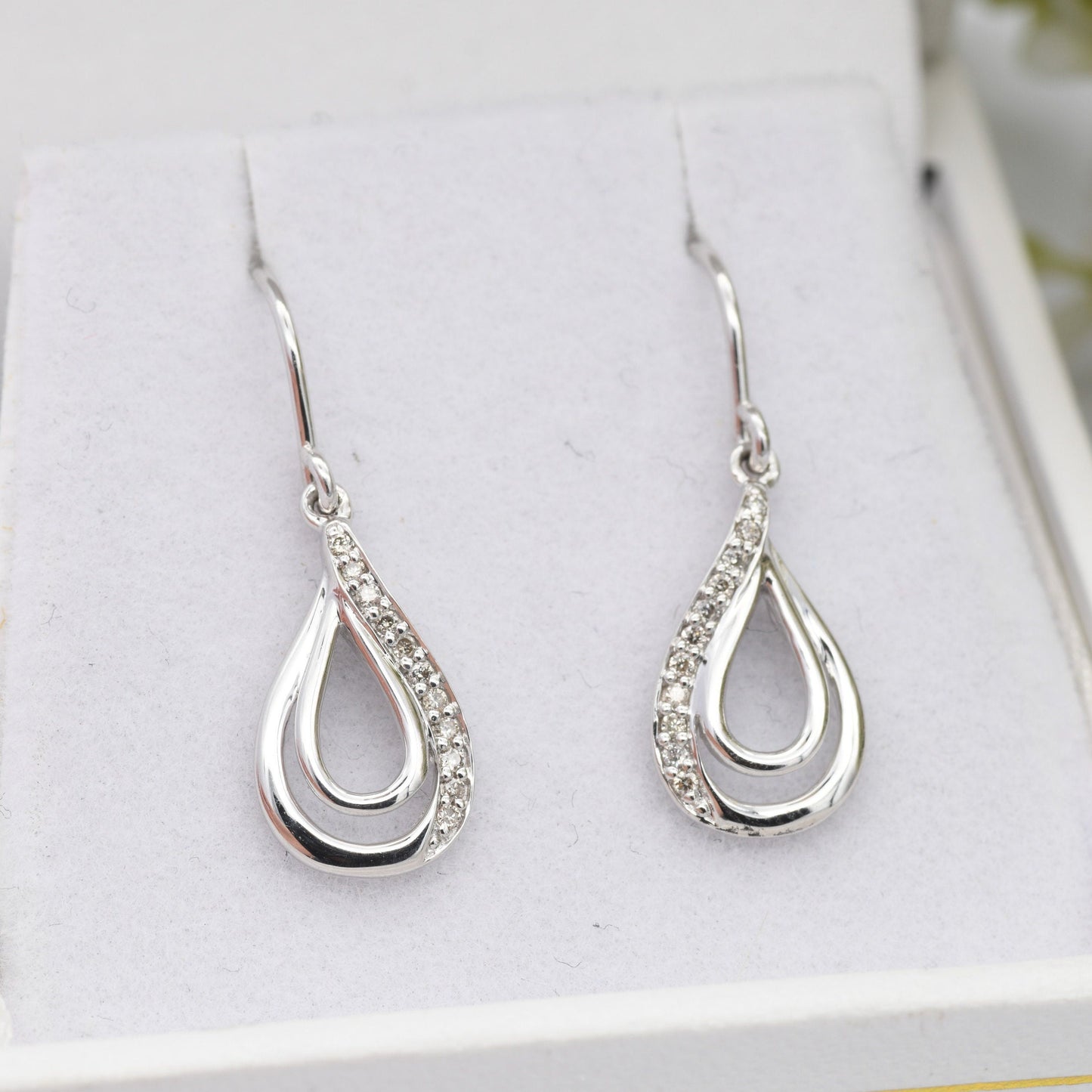 Vintage 9ct White Gold Diamond Drop Earrings - Pave Set Teardrops