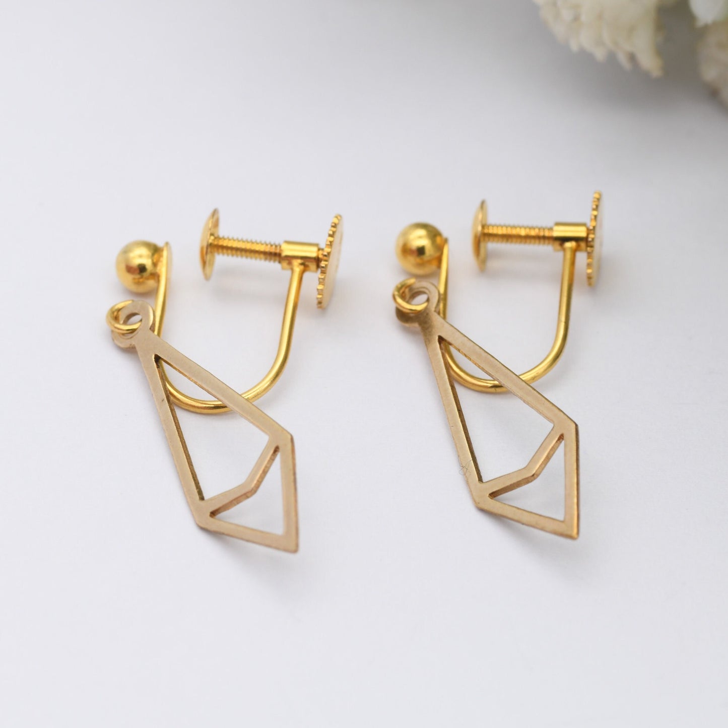 Vintage 9ct Gold Screwback Drop Earrings - Minimalist Geometric Diamond Shape
