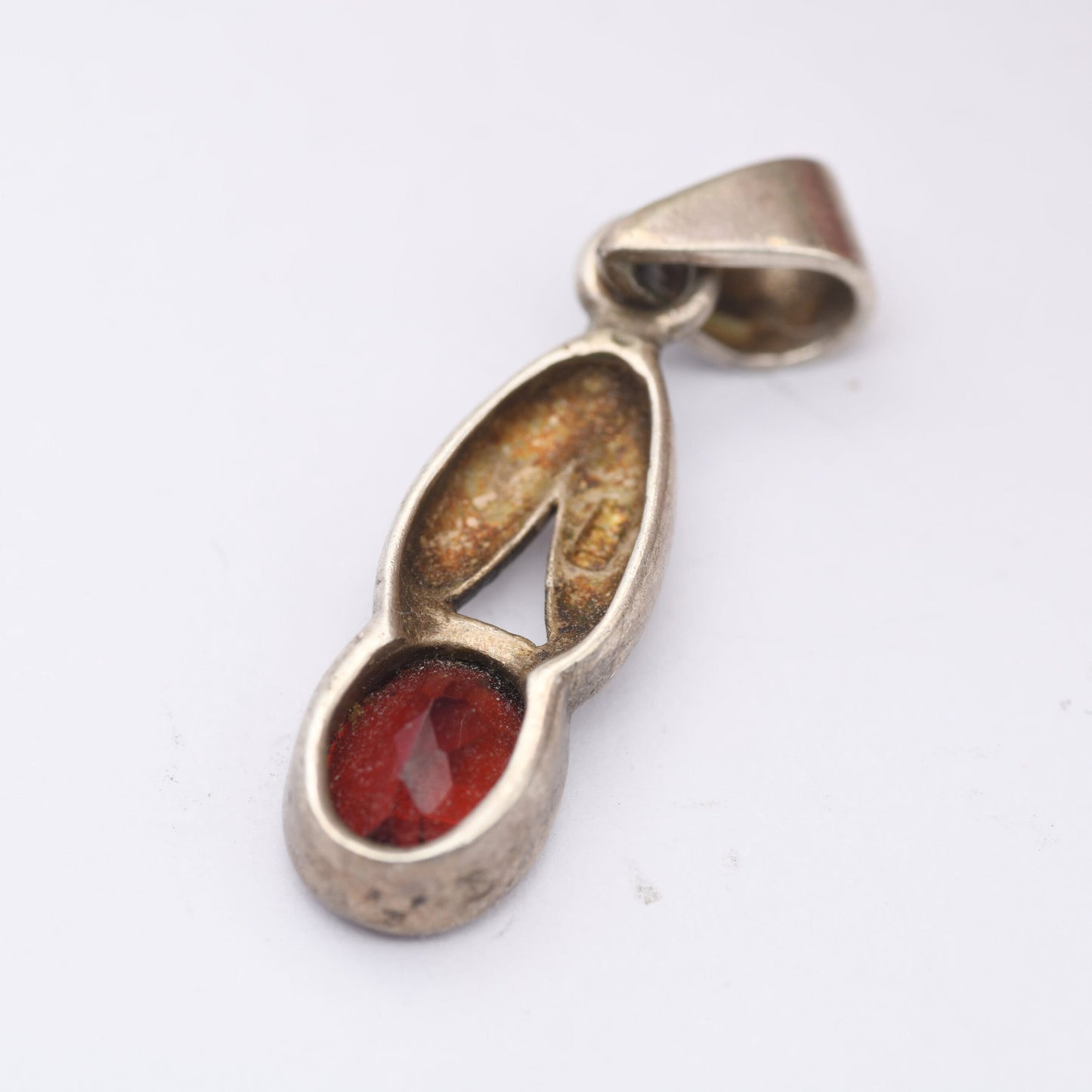 Vintage Sterling Silver Garnet Pendant - Minimalist Leaf Design | Large Faceted Red Stone