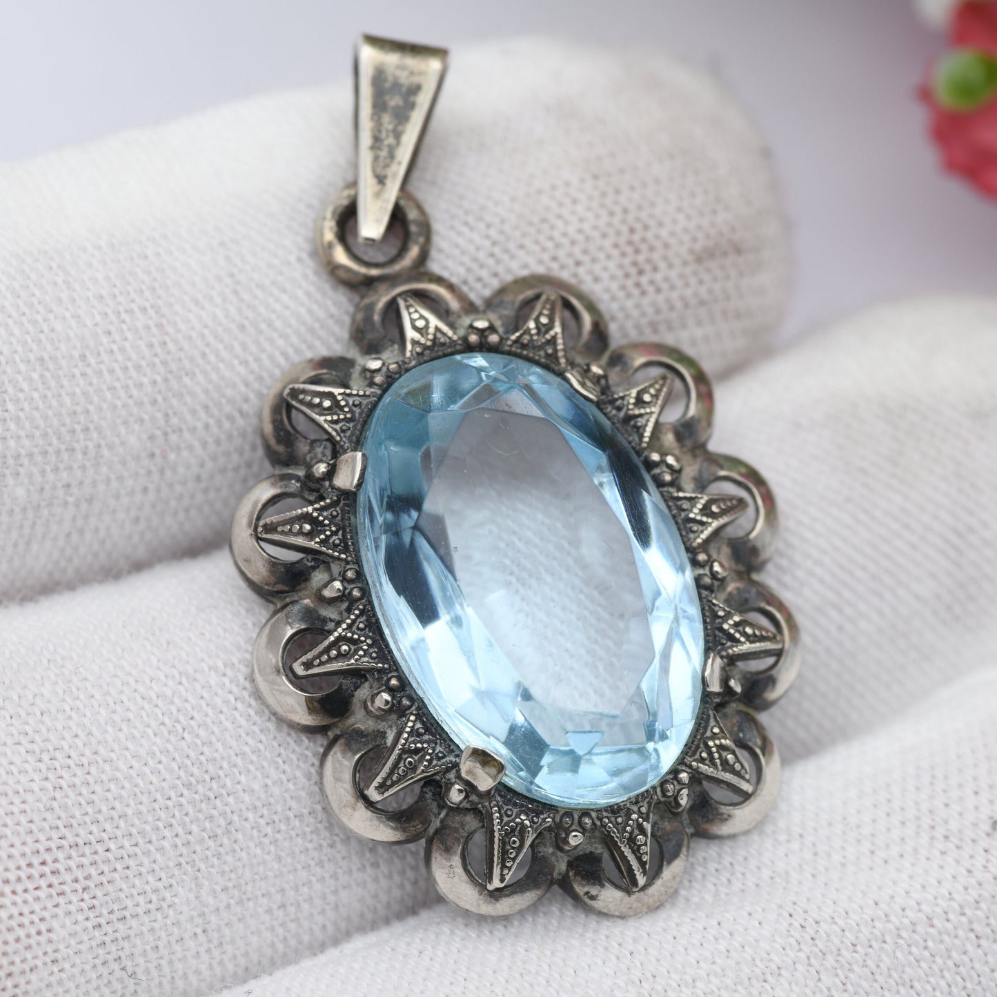 Antique European Silver Pendant with Large Blue Stone