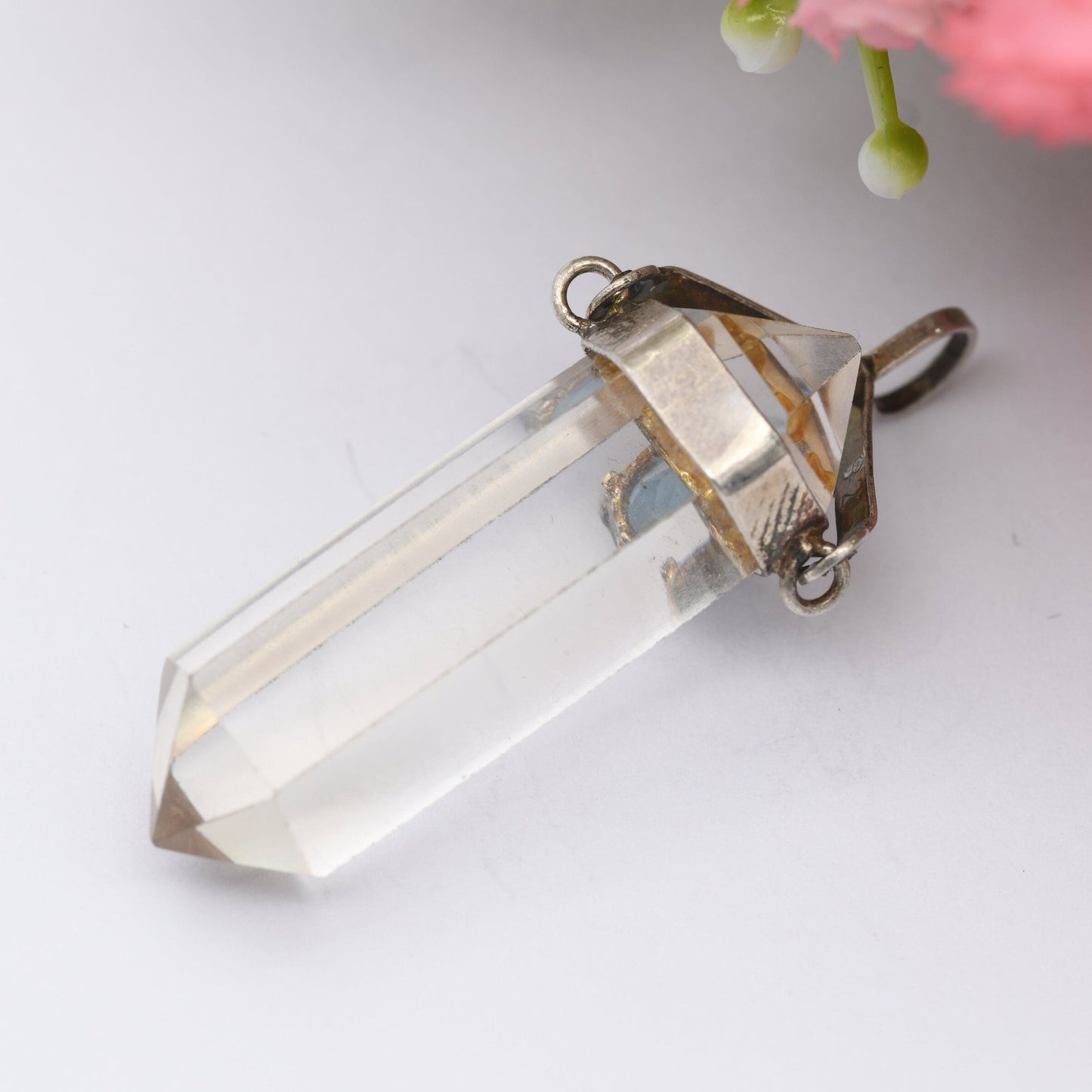 Vintage Crystal Gemstone Pendant - Clear Crystal Glass | Blue Stone | Faceted | Silver Tone Bale Mount