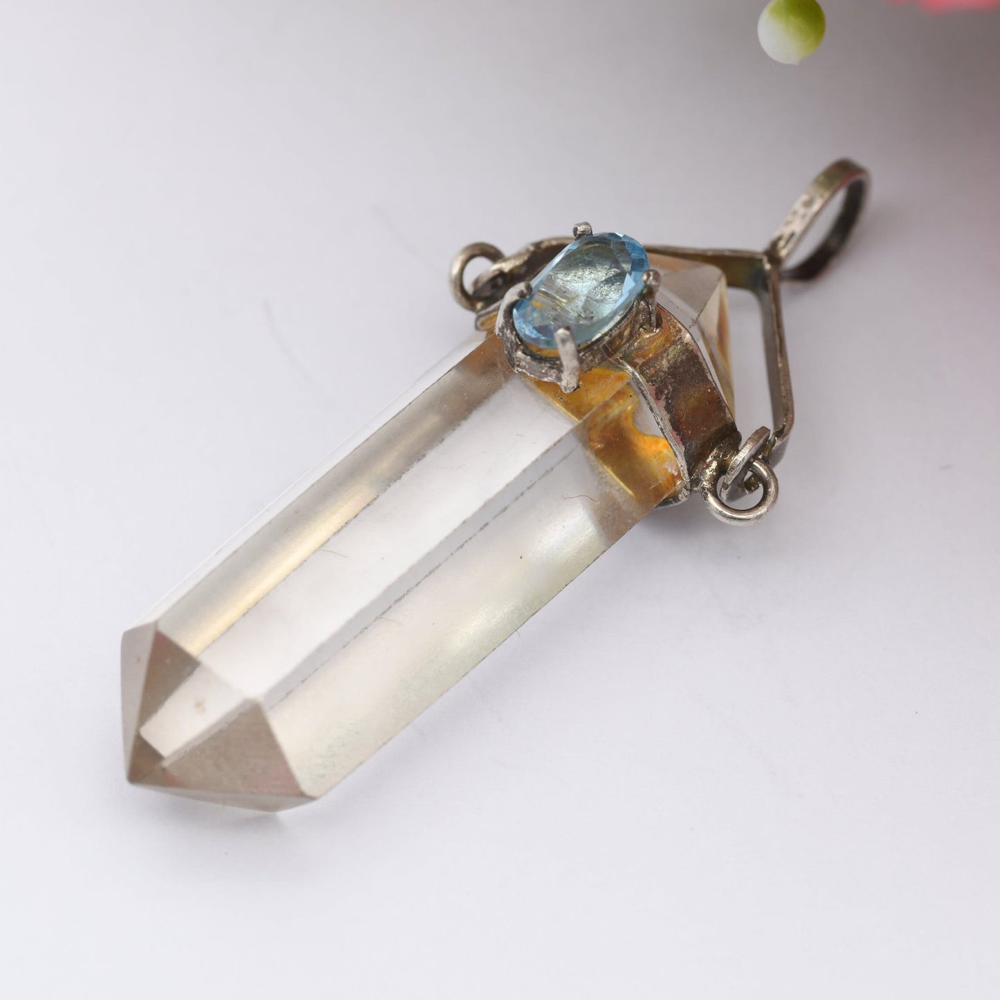 Vintage Crystal Gemstone Pendant - Clear Crystal Glass | Blue Stone | Faceted | Silver Tone Bale Mount