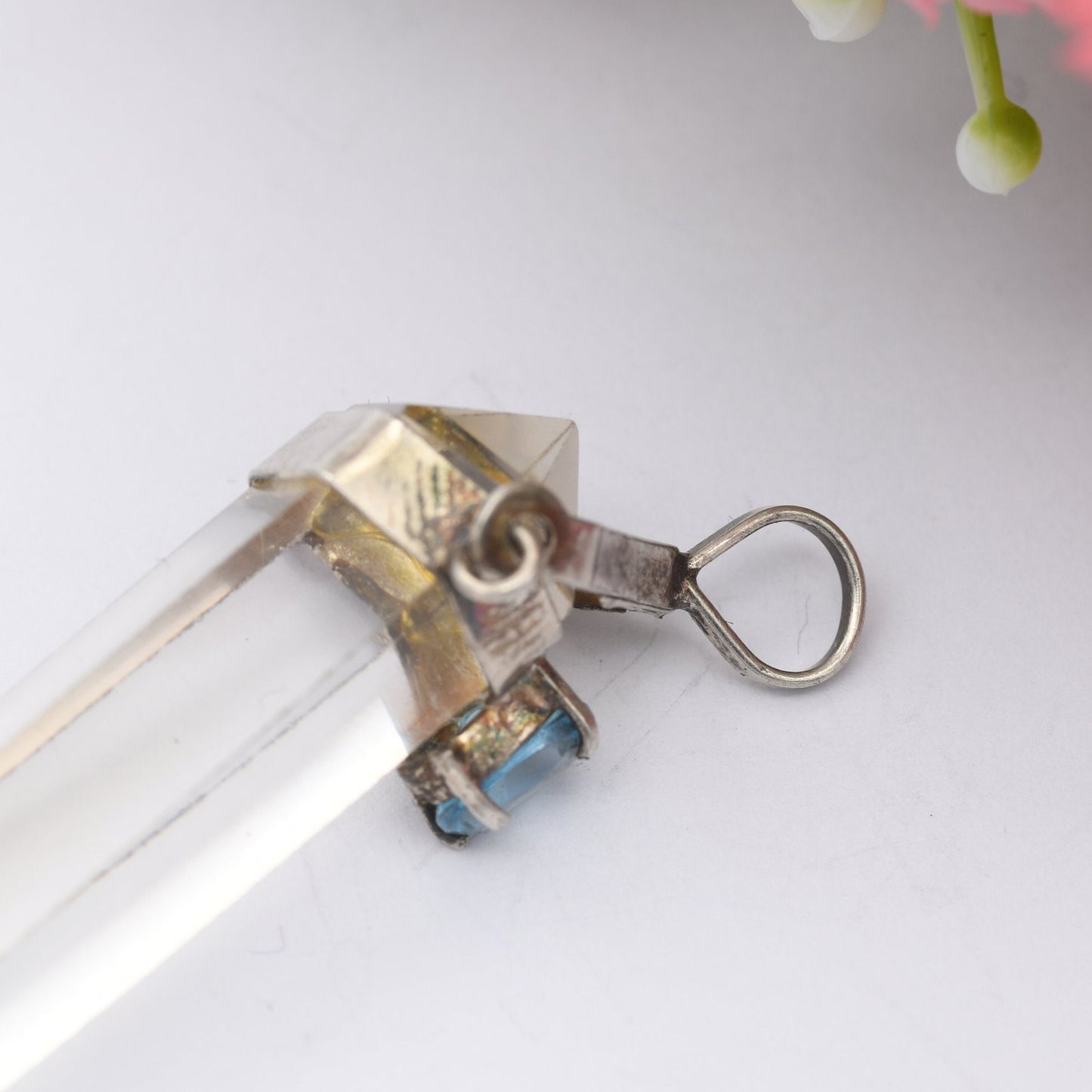 Vintage Crystal Gemstone Pendant - Clear Crystal Glass | Blue Stone | Faceted | Silver Tone Bale Mount