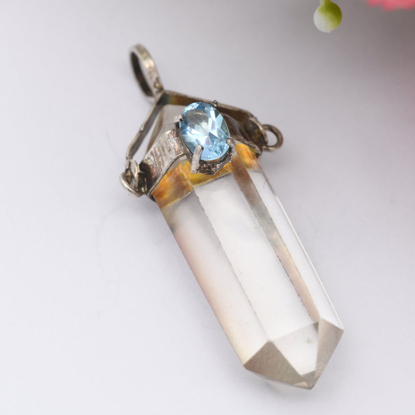 Vintage Crystal Gemstone Pendant - Clear Crystal Glass | Blue Stone | Faceted | Silver Tone Bale Mount