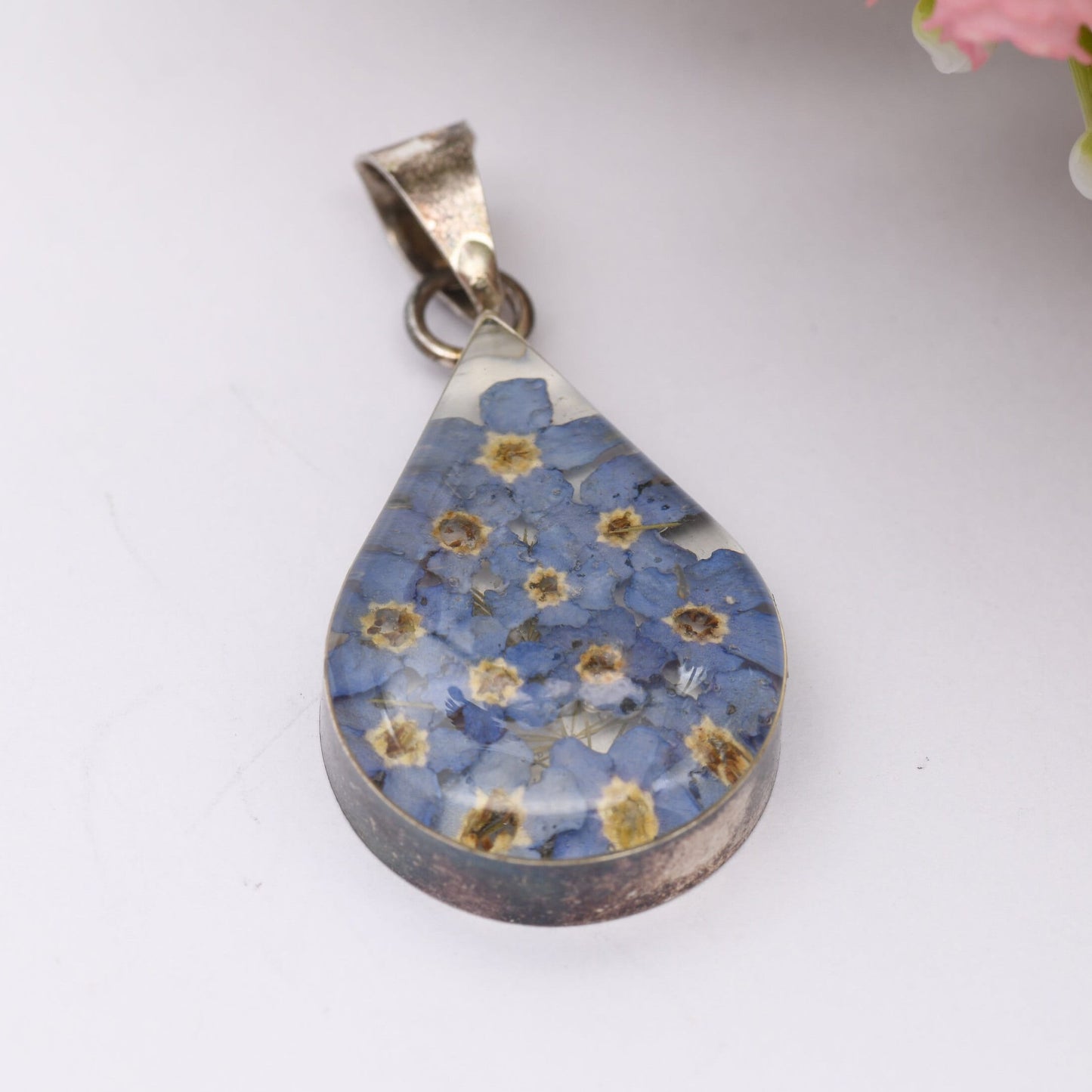 Sterling Silver Forget-Me-Not Flower Pendant - With Real Dried Flowers | Preserved in Resin | Gift for Her