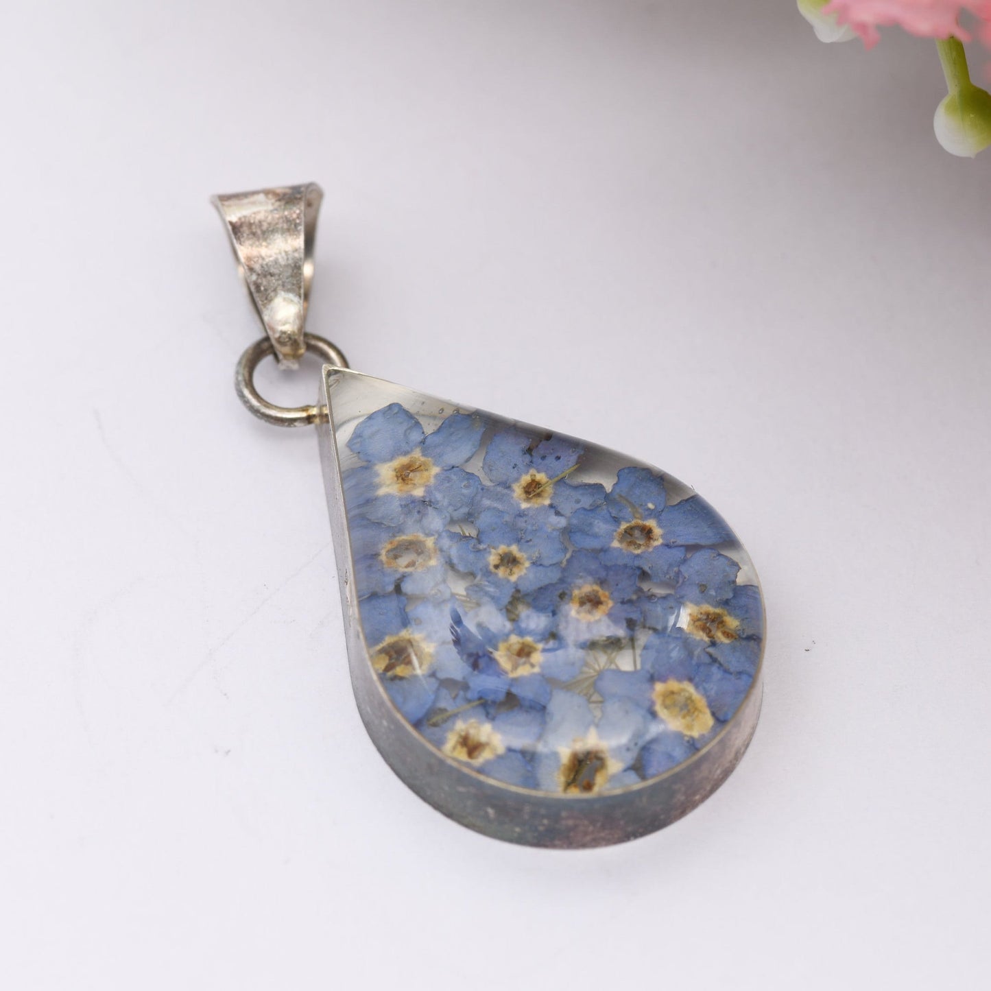 Sterling Silver Forget-Me-Not Flower Pendant - With Real Dried Flowers | Preserved in Resin | Gift for Her