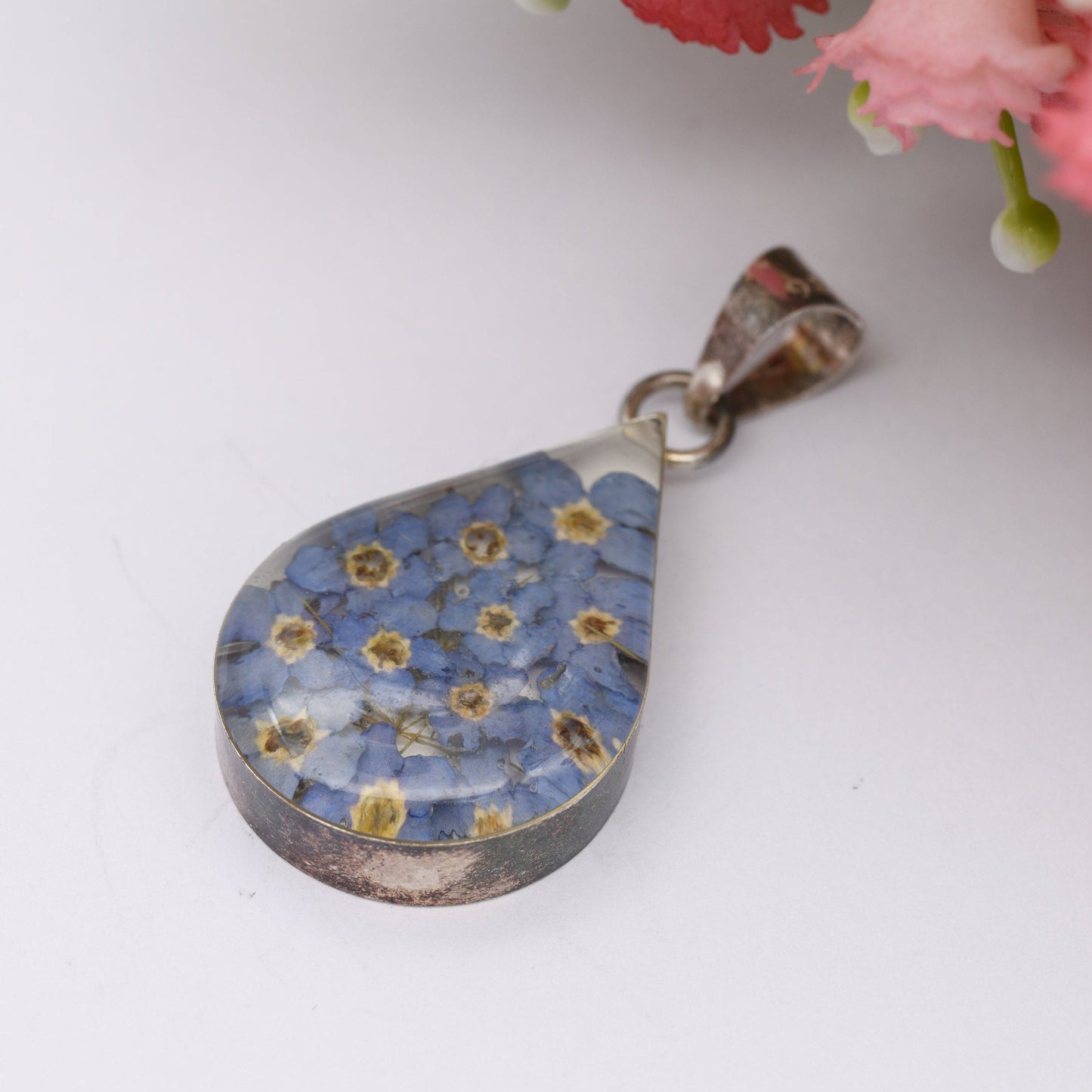 Sterling Silver Forget-Me-Not Flower Pendant - With Real Dried Flowers | Preserved in Resin | Gift for Her