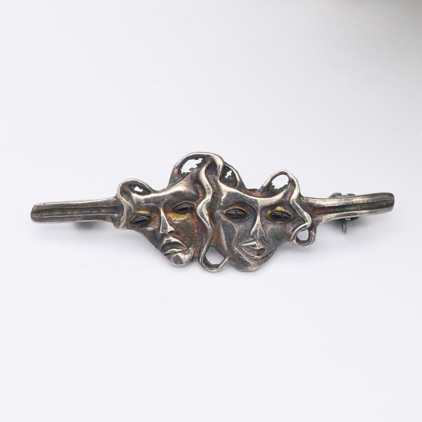 Vintage Sterling Silver Theatre Masks Brooch with Onyx Eyes - Sock and Buskin | Thalia and Melpomene Faces Linked