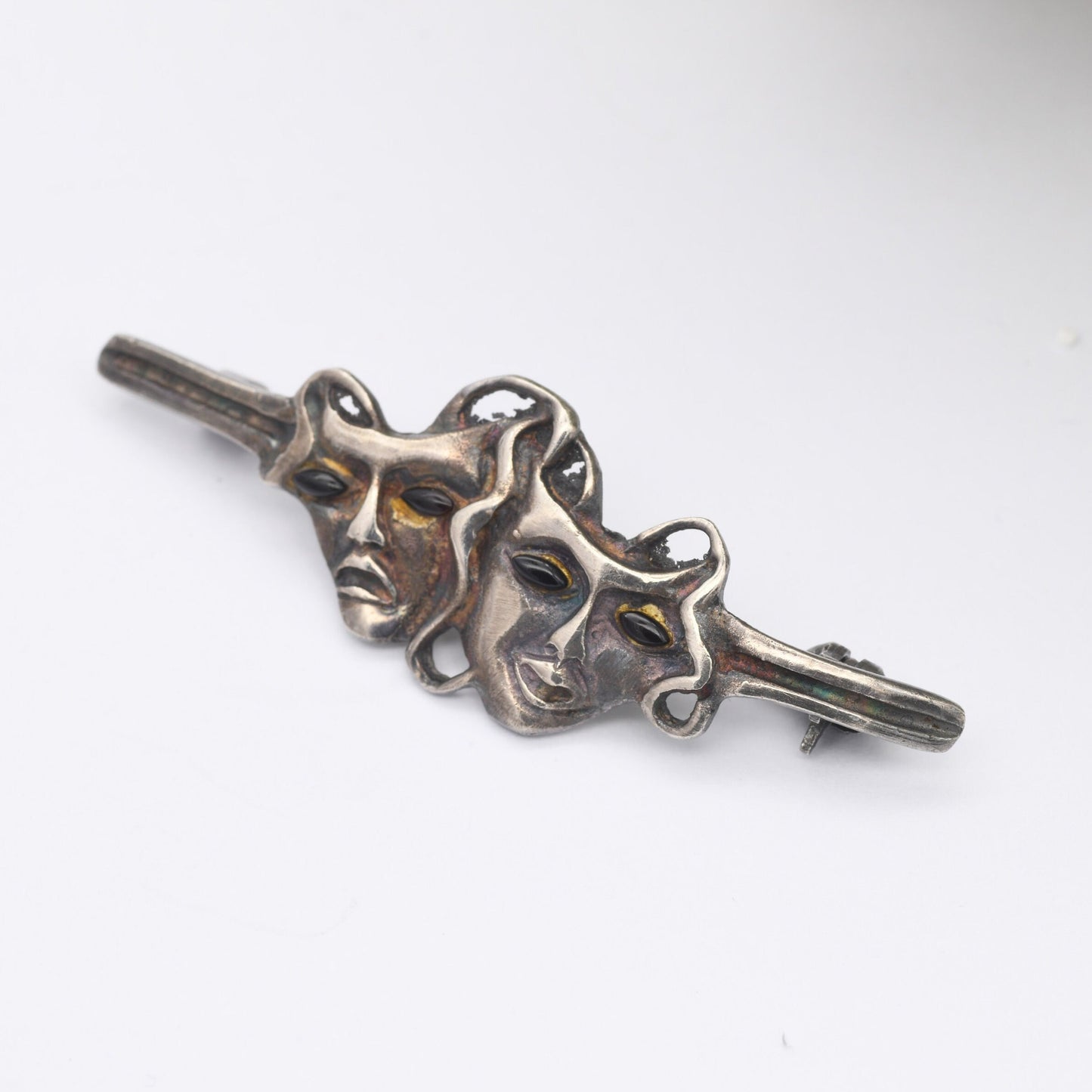 Vintage Sterling Silver Theatre Masks Brooch with Onyx Eyes - Sock and Buskin | Thalia and Melpomene Faces Linked