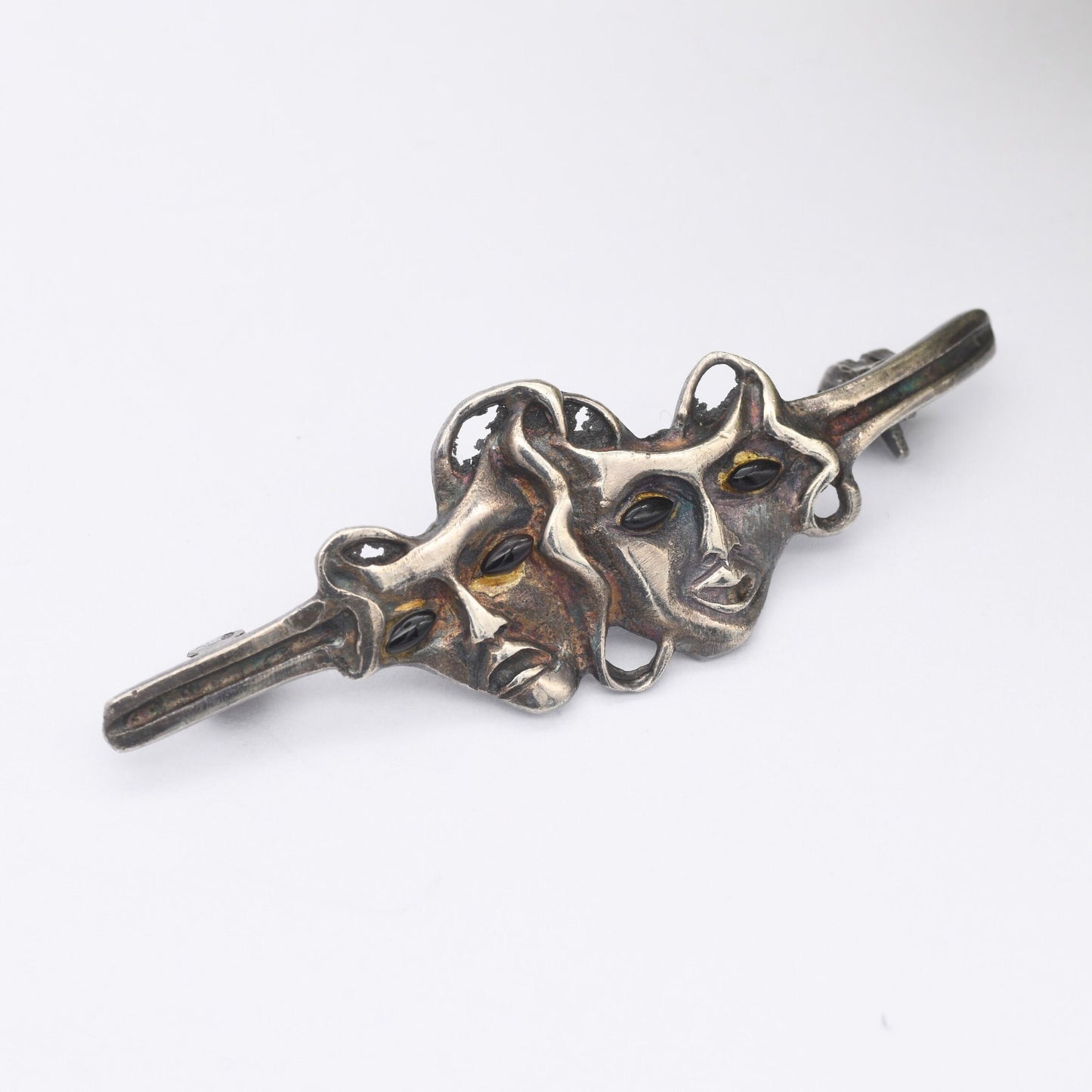 Vintage Sterling Silver Theatre Masks Brooch with Onyx Eyes - Sock and Buskin | Thalia and Melpomene Faces Linked