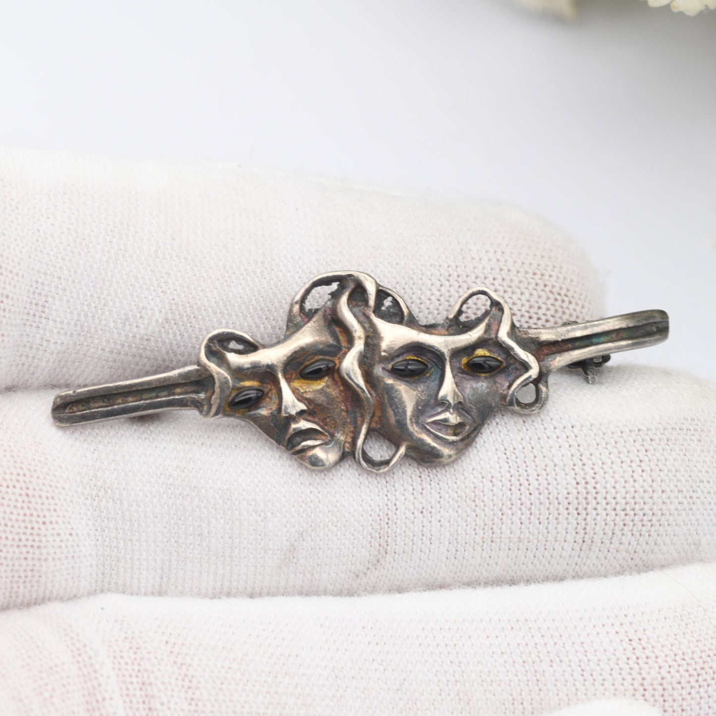 Vintage Sterling Silver Theatre Masks Brooch with Onyx Eyes - Sock and Buskin | Thalia and Melpomene Faces Linked