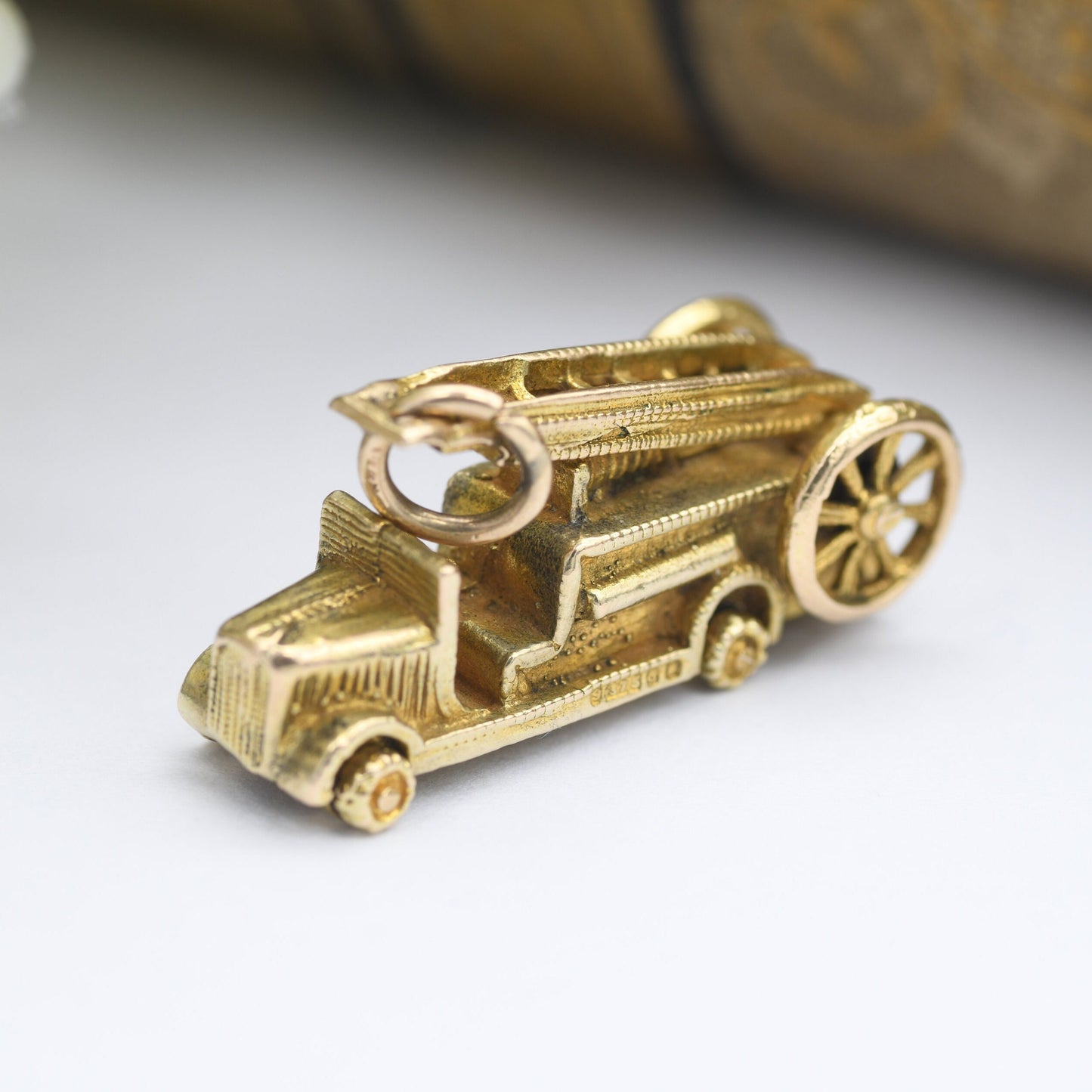 Vintage Georg Jensen 9ct Gold Fire Engine Charm Pendant 1956 - with Spinning Wheels | Retro Car Enthusiast | Nicely Detailed | Good Quality