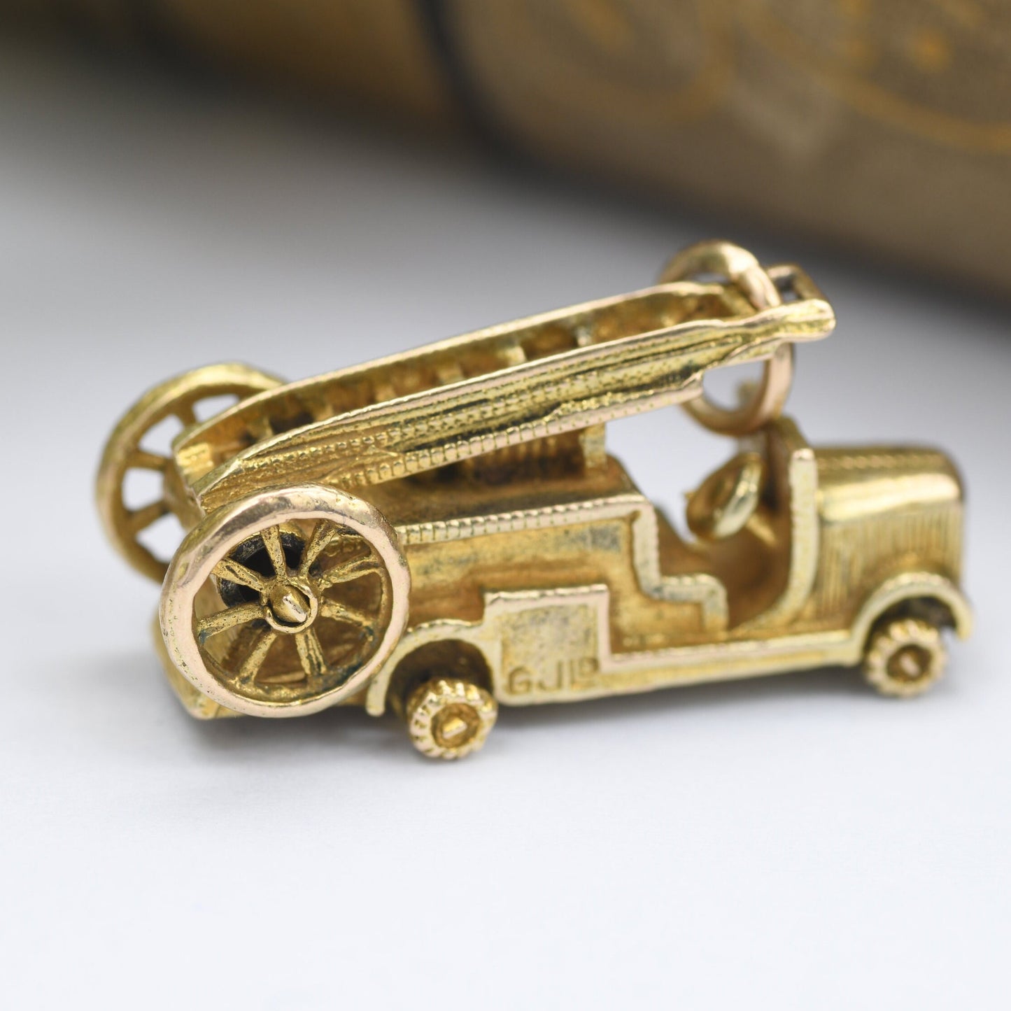 Vintage Georg Jensen 9ct Gold Fire Engine Charm Pendant 1956 - with Spinning Wheels | Retro Car Enthusiast | Nicely Detailed | Good Quality