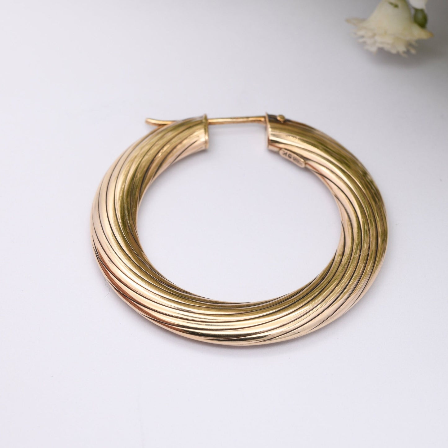 Vintage 9ct Gold Hoop Earrings 1990 - Chunky Hollow Hoops | Large Size 3.8cm Diameter | Made in Italy