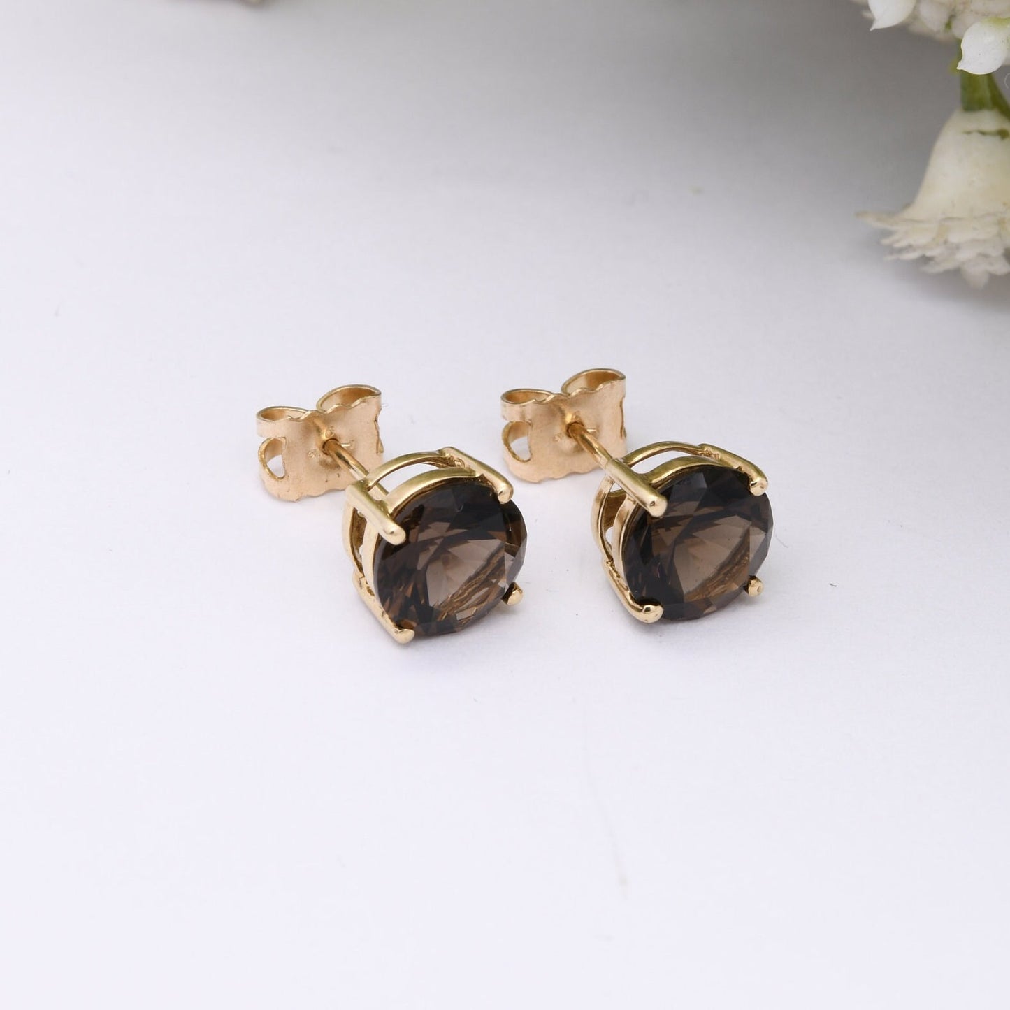 9ct Gold Smoky Quartz Stud Earrings - Brown Gemstone | Butterfly Back | Solid Gold | Chunky Studs