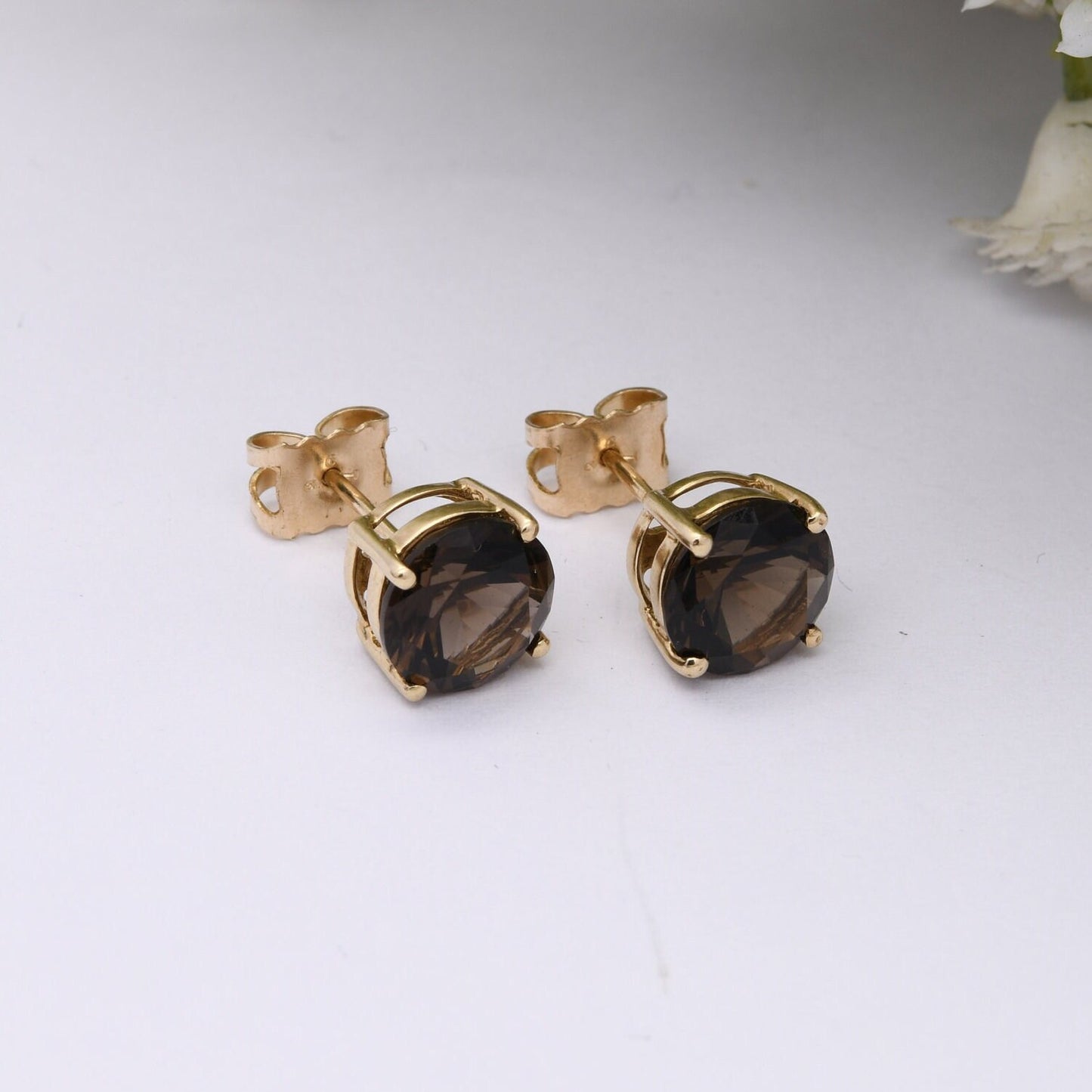 9ct Gold Smoky Quartz Stud Earrings - Brown Gemstone | Butterfly Back | Solid Gold | Chunky Studs
