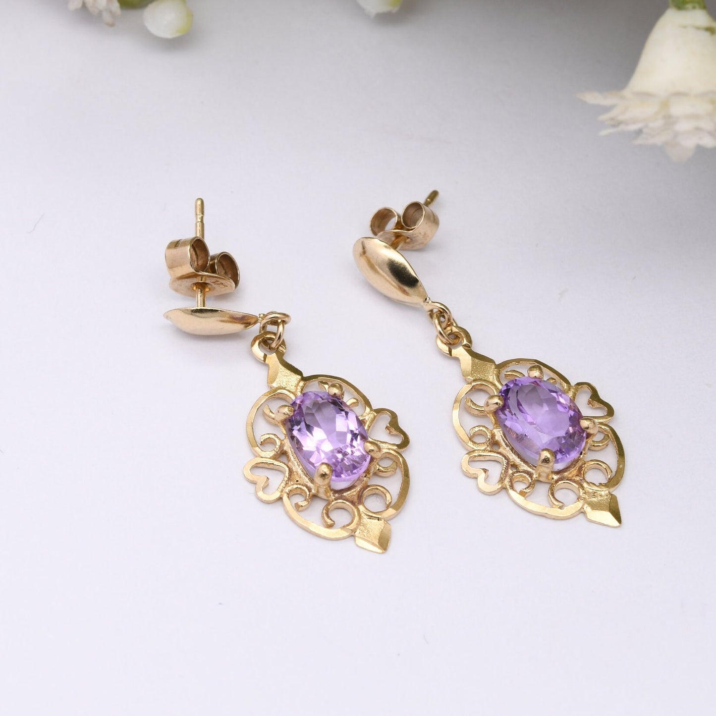 Vintage 9ct Gold Amethyst Drop Earrings with Ornate Openwork Design - Elegant Gold Jewellery