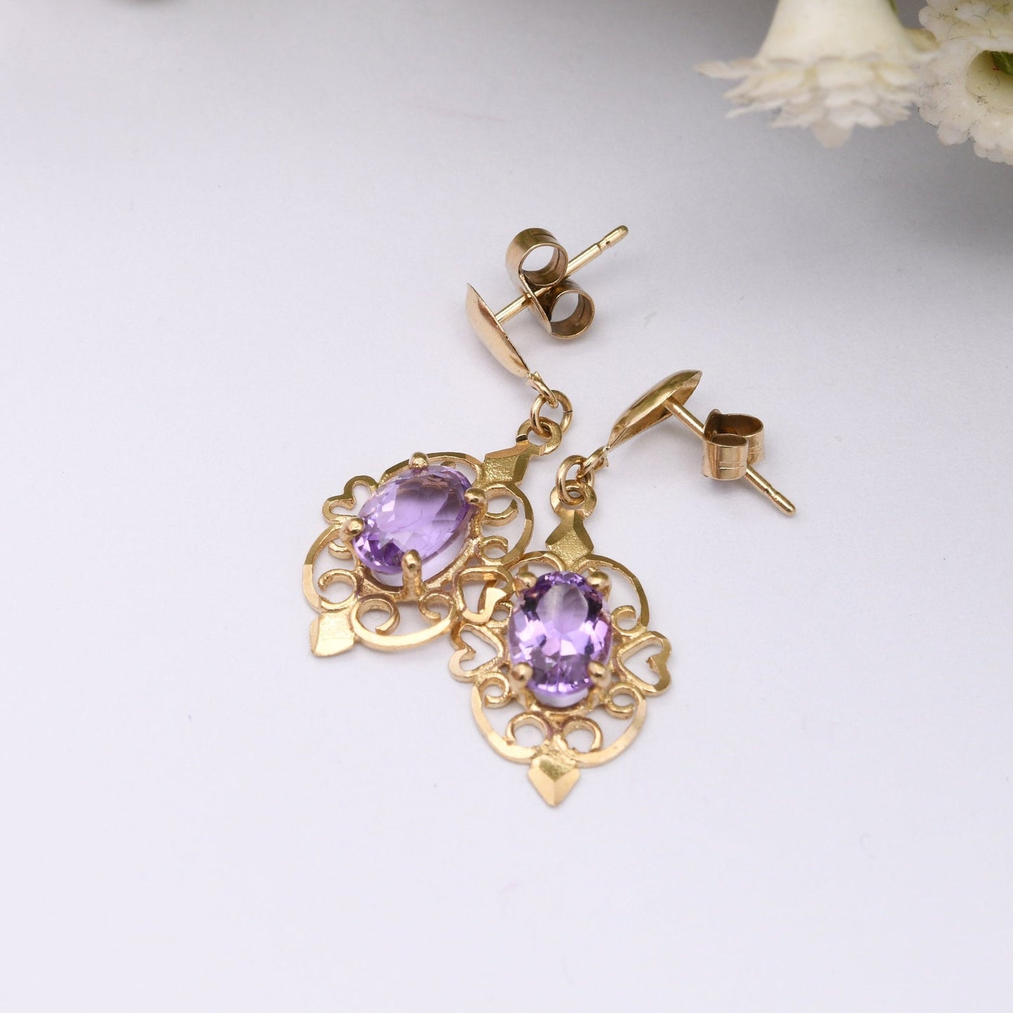 Vintage 9ct Gold Amethyst Drop Earrings with Ornate Openwork Design - Elegant Gold Jewellery