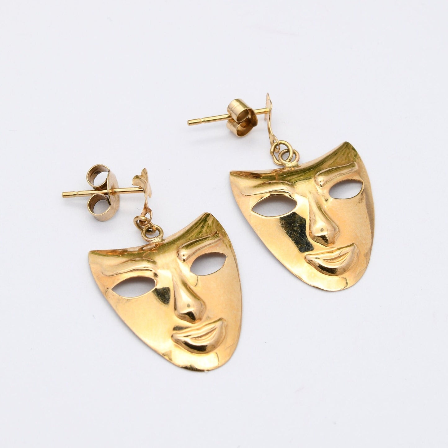 Vintage 9ct Gold Face Mask Drop Earrings - Theatre Mask Symbol | Venice Mask | Yellow Gold | Fun Earrings