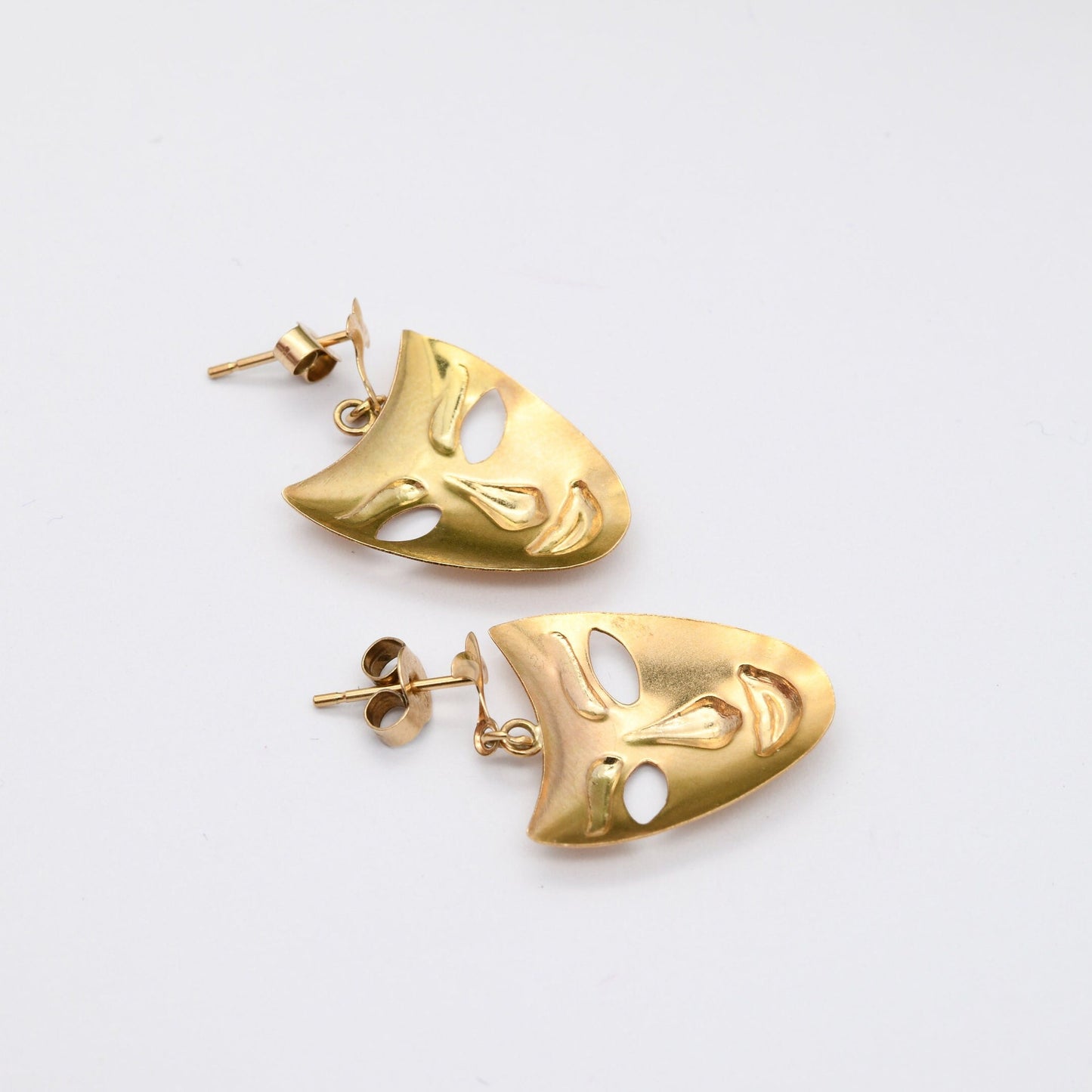 Vintage 9ct Gold Face Mask Drop Earrings - Theatre Mask Symbol | Venice Mask | Yellow Gold | Fun Earrings