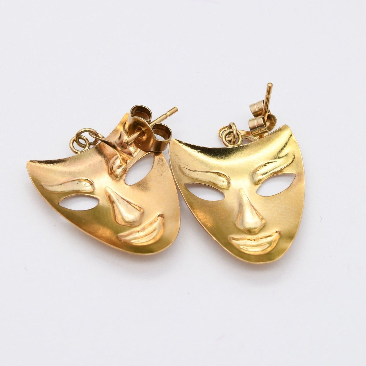 Vintage 9ct Gold Face Mask Drop Earrings - Theatre Mask Symbol | Venice Mask | Yellow Gold | Fun Earrings