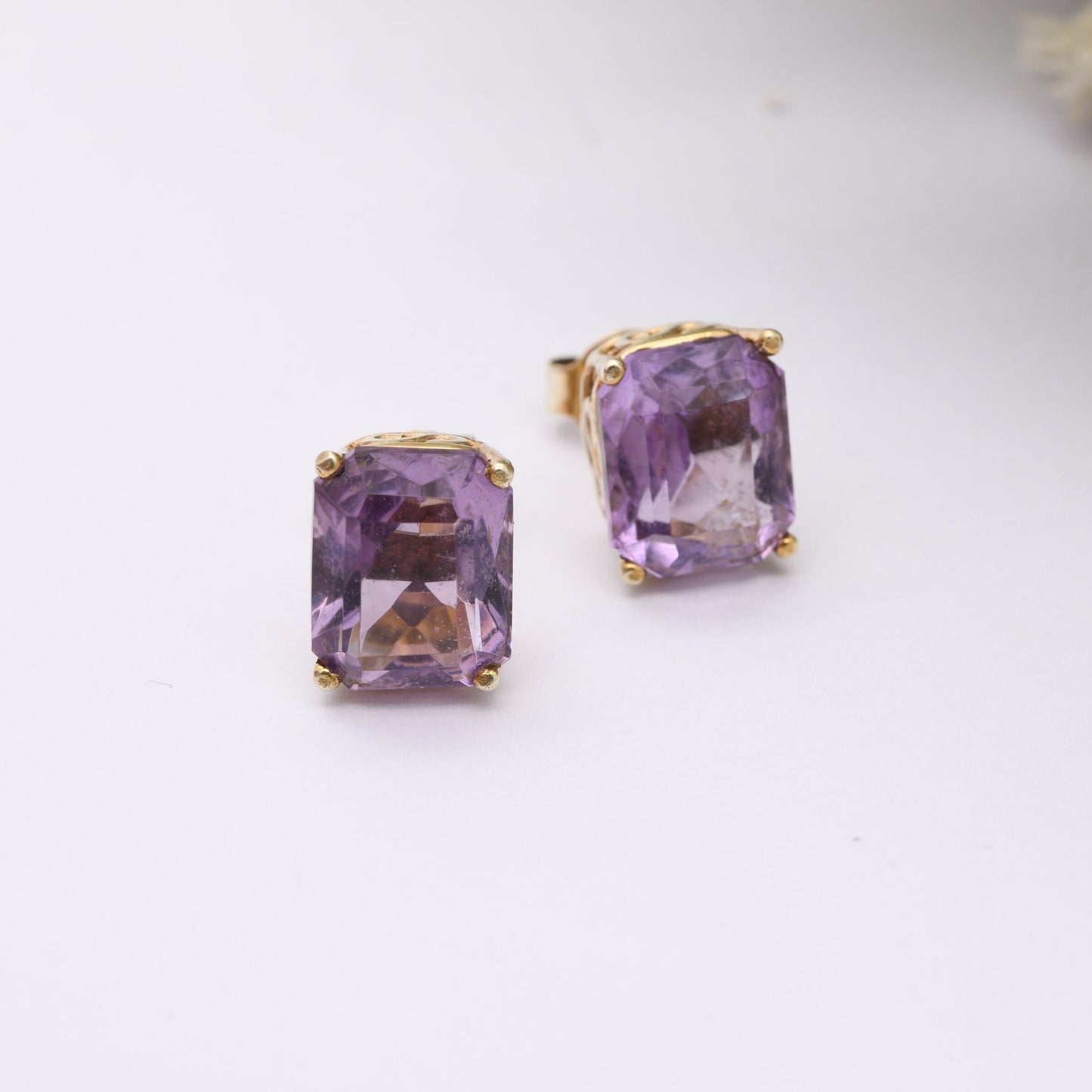 Vintage 9ct Gold Amethyst Stud Earrings 1992 - Chunky Purple Gemstone Rectangular Studs | Butterfly Backs | Ornate Setting