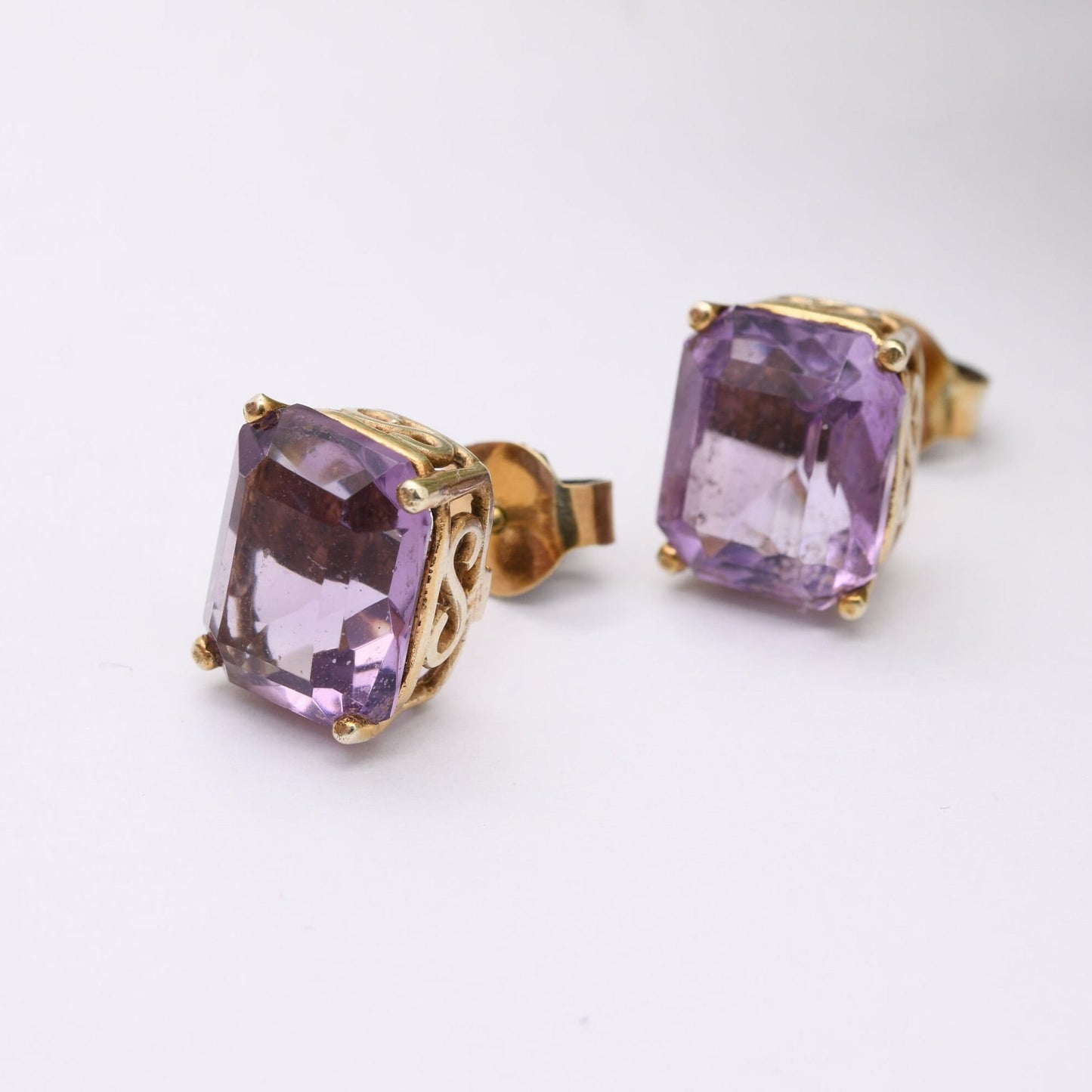 Vintage 9ct Gold Amethyst Stud Earrings 1992 - Chunky Purple Gemstone Rectangular Studs | Butterfly Backs | Ornate Setting