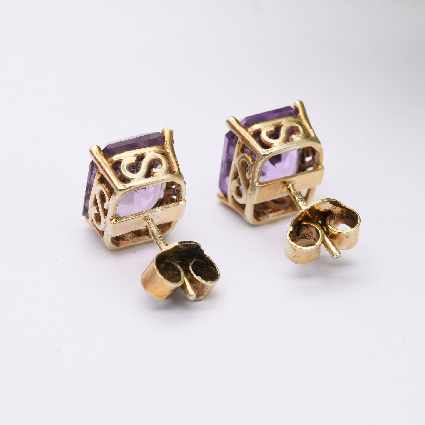 Vintage 9ct Gold Amethyst Stud Earrings 1992 - Chunky Purple Gemstone Rectangular Studs | Butterfly Backs | Ornate Setting